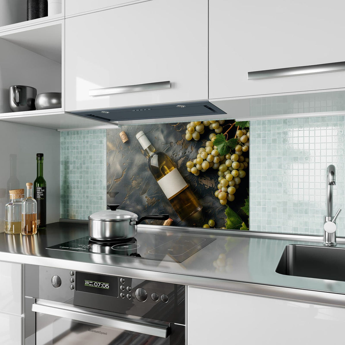 Küchenrückwand aus Glas Weißwein mit Trauben im Hochformat als Spritzschutz hinter dem Kochfeld, über dem Fliesenspiegel montiert