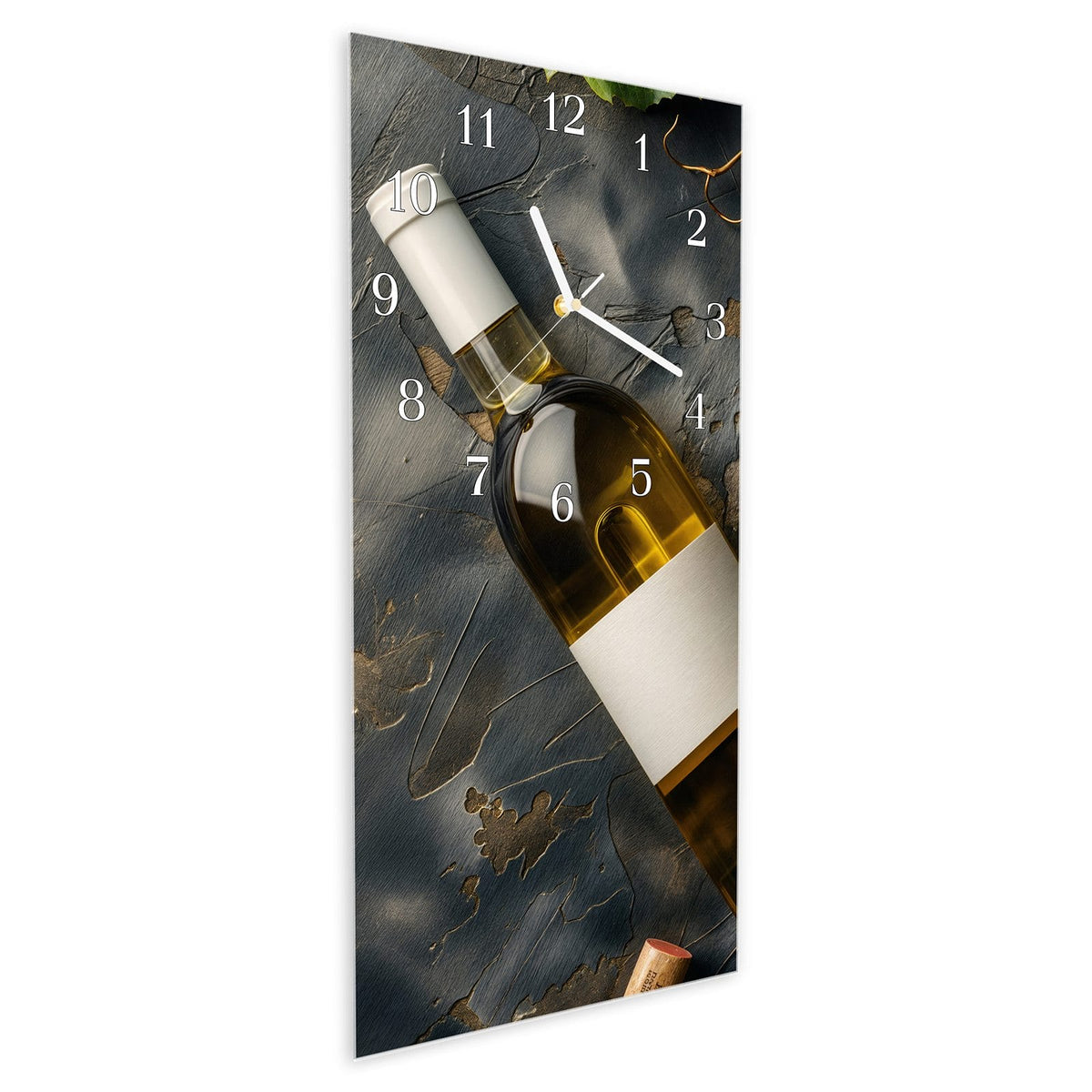 Vormontiert – mit Schwebeeffekt – Wanduhr Weintrauben mit Wein aus Glas – Hochformat 30 × 60 cm