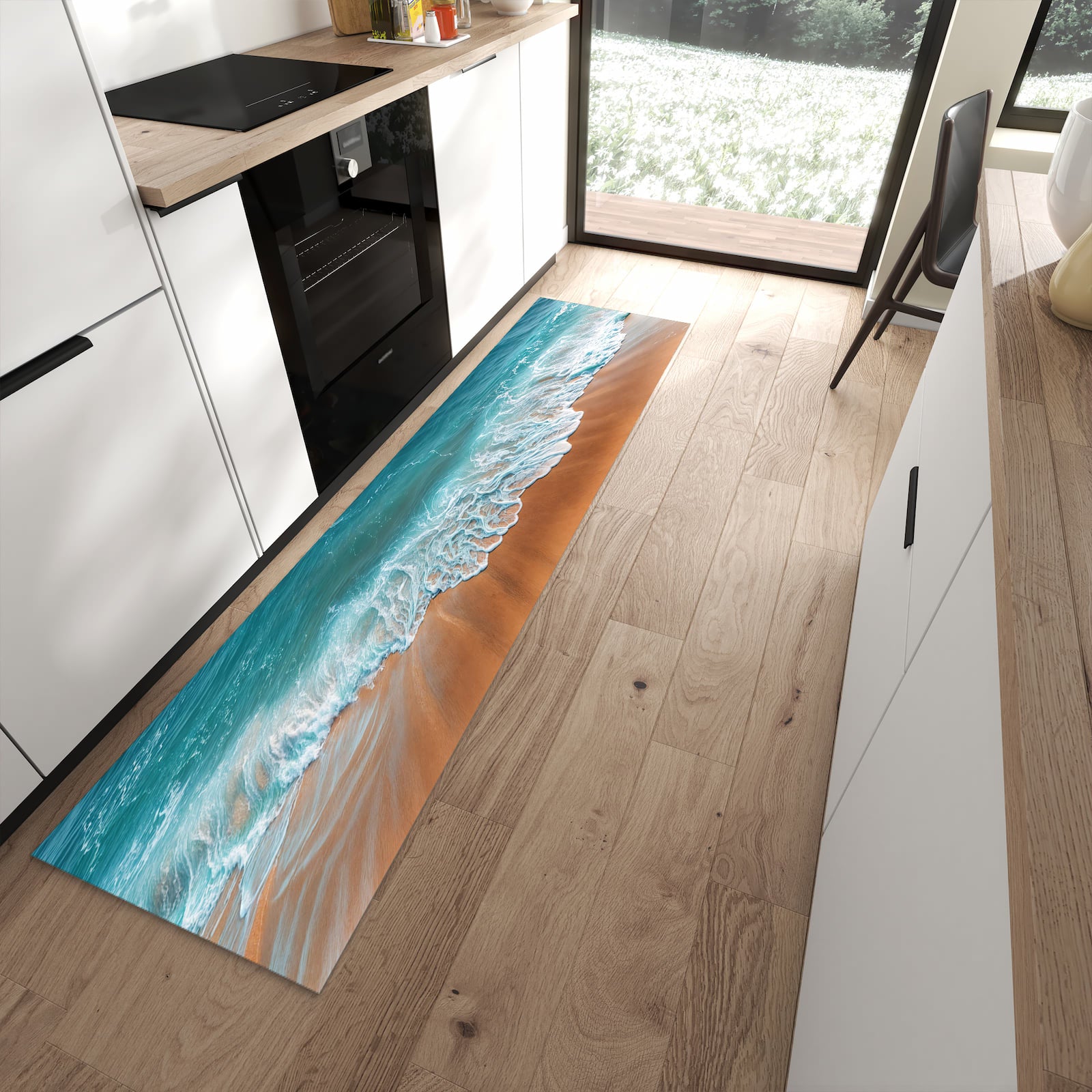 Langlebiger Küchenläufer mit Motiv Sandstrand Wellen in moderner Küche