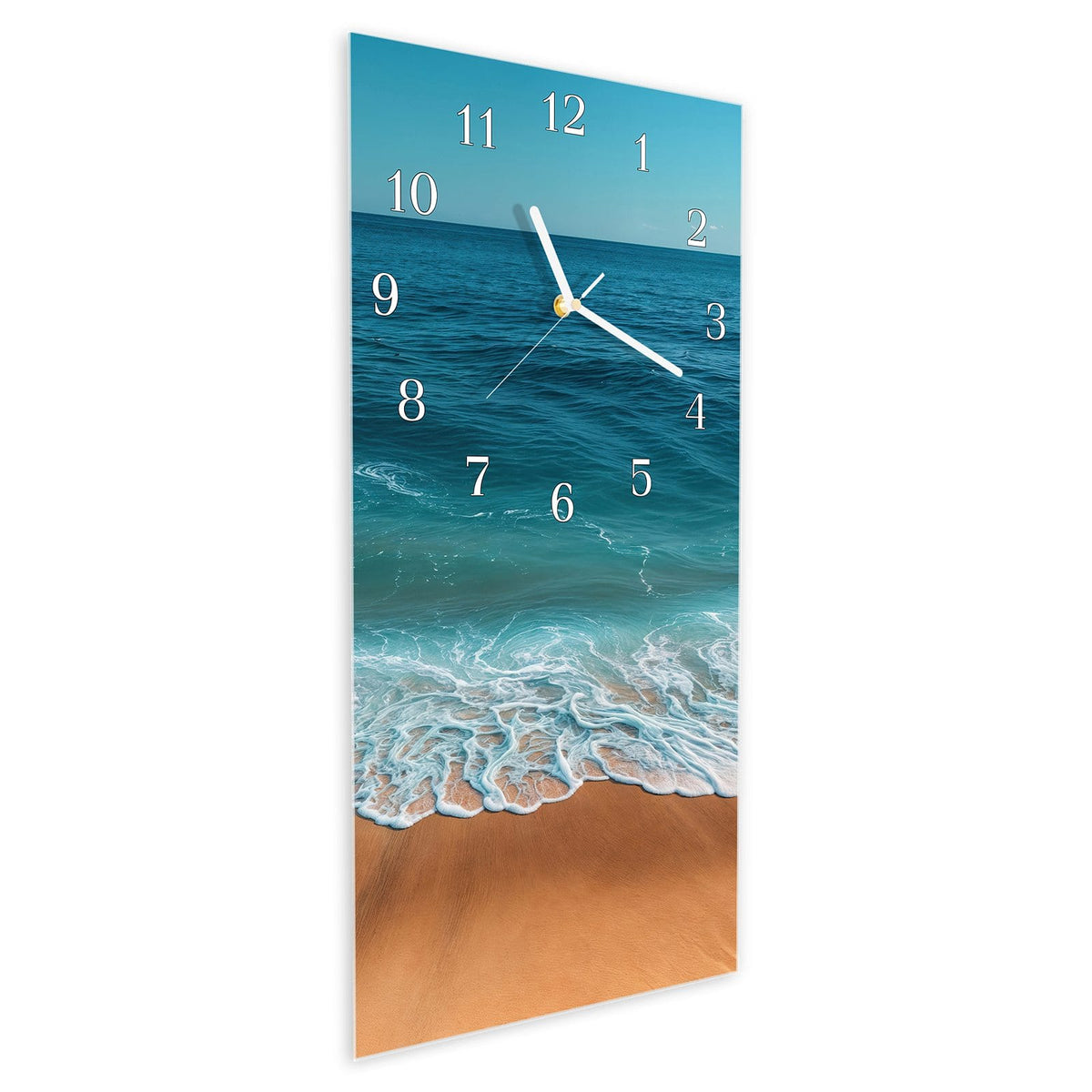 Vormontiert – mit Schwebeeffekt – Wanduhr Sandstrand Wellen aus Glas – Hochformat 30 × 60 cm
