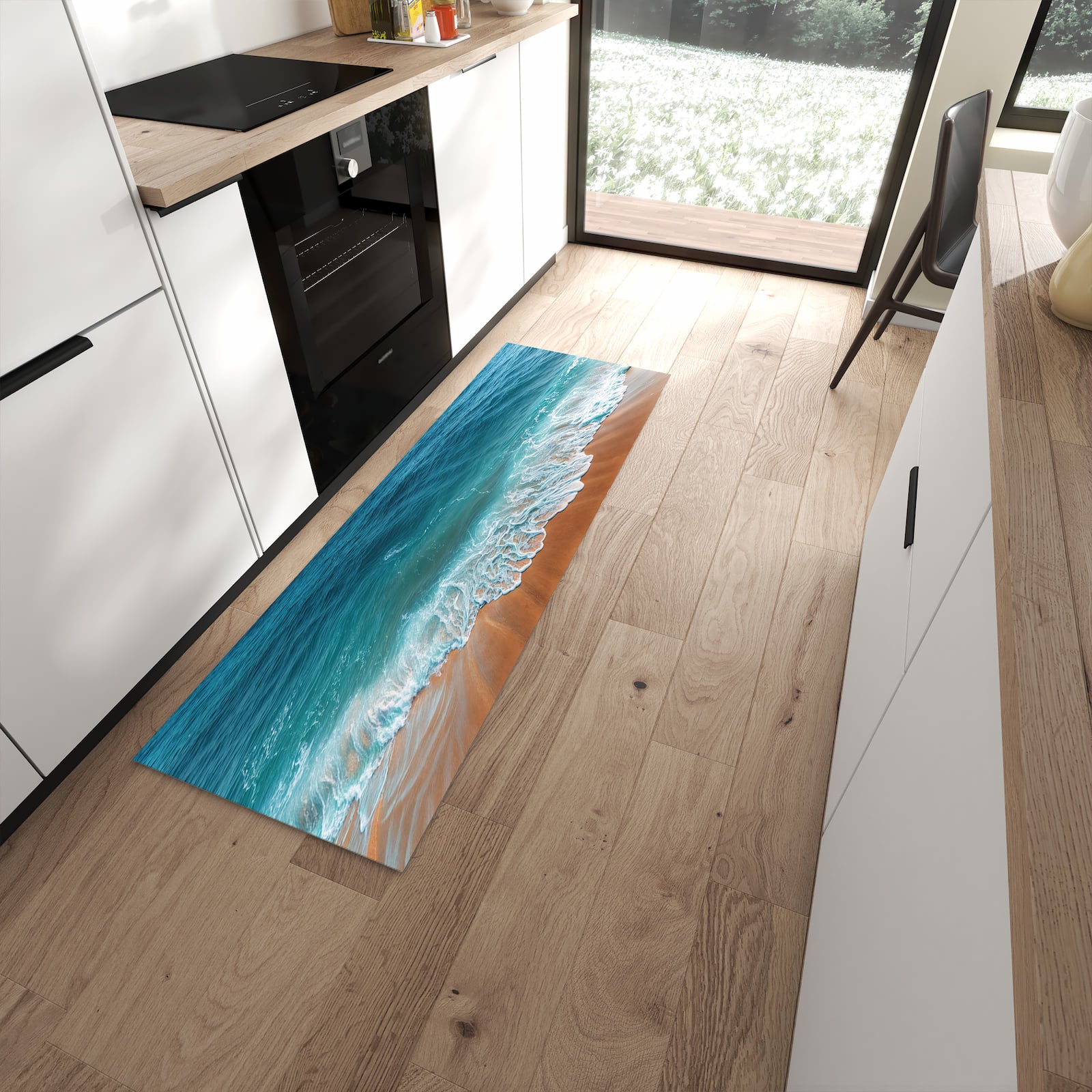 Waschbarer Küchenteppich mit Motiv Sandstrand Wellen in moderner Küche