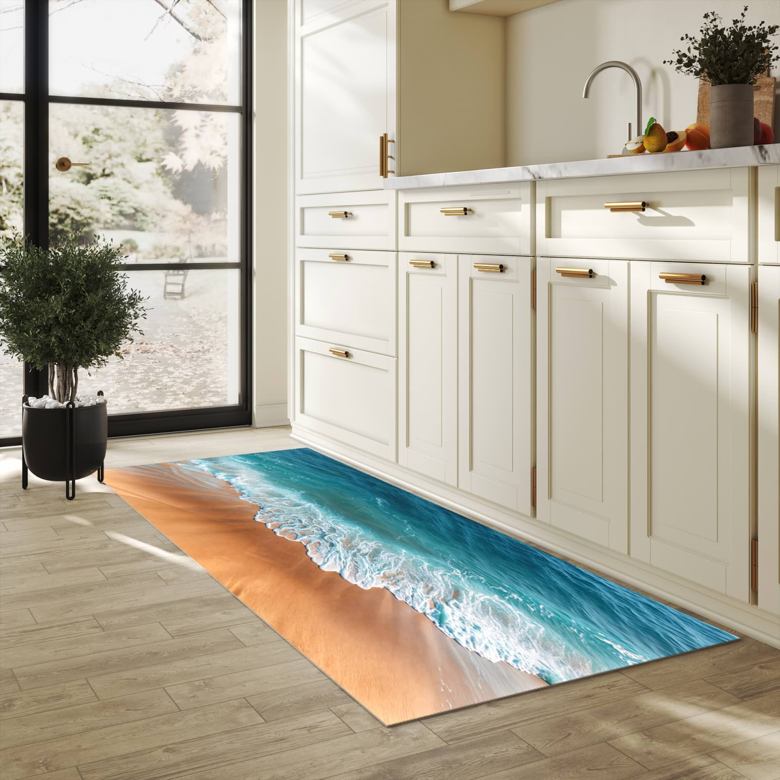 Bodenschonender großer Küchenteppich mit Motiv Sandstrand Wellen in heller Küche