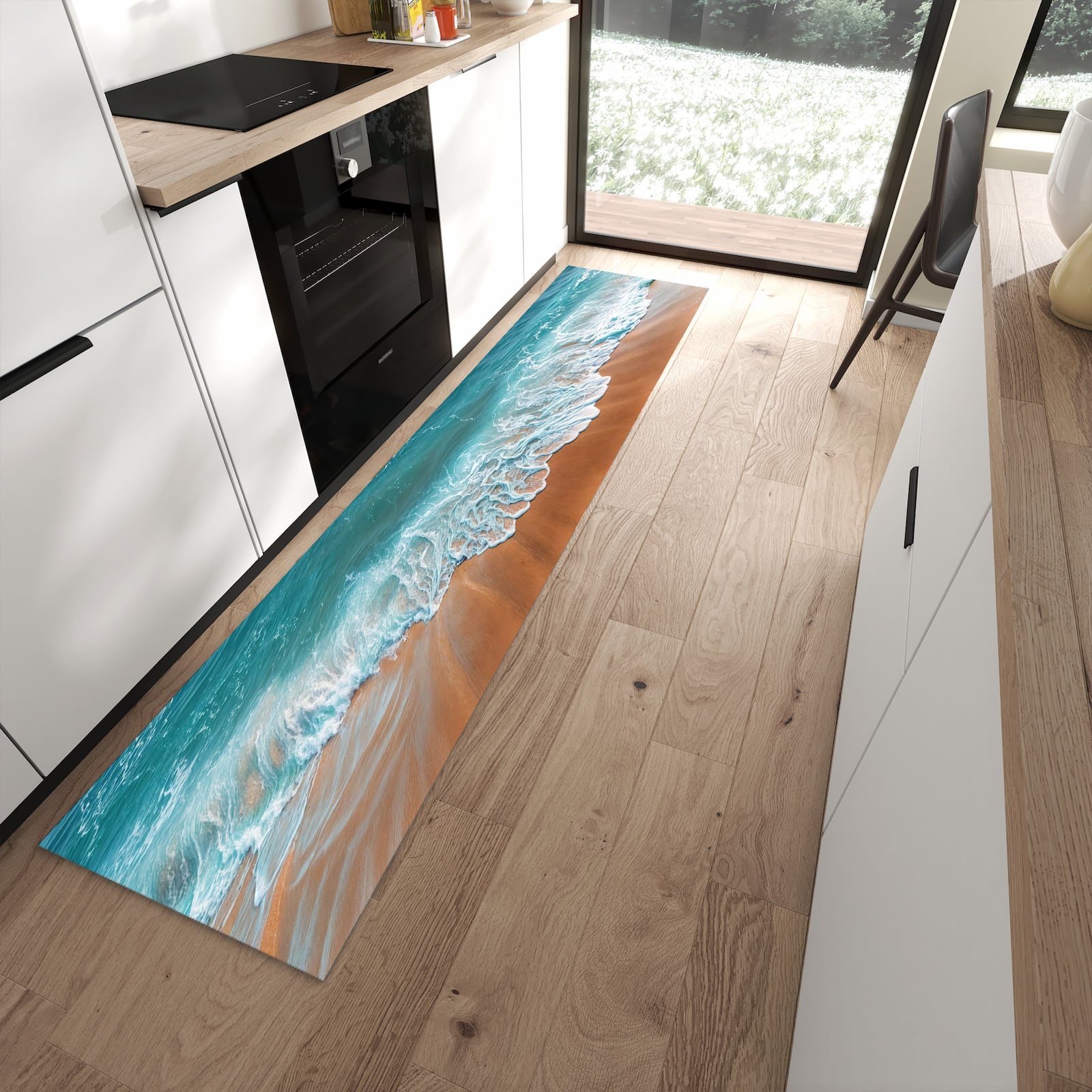 Rutschfester Küchenläufer mit Motiv Sandstrand Wellen in moderner Küche
