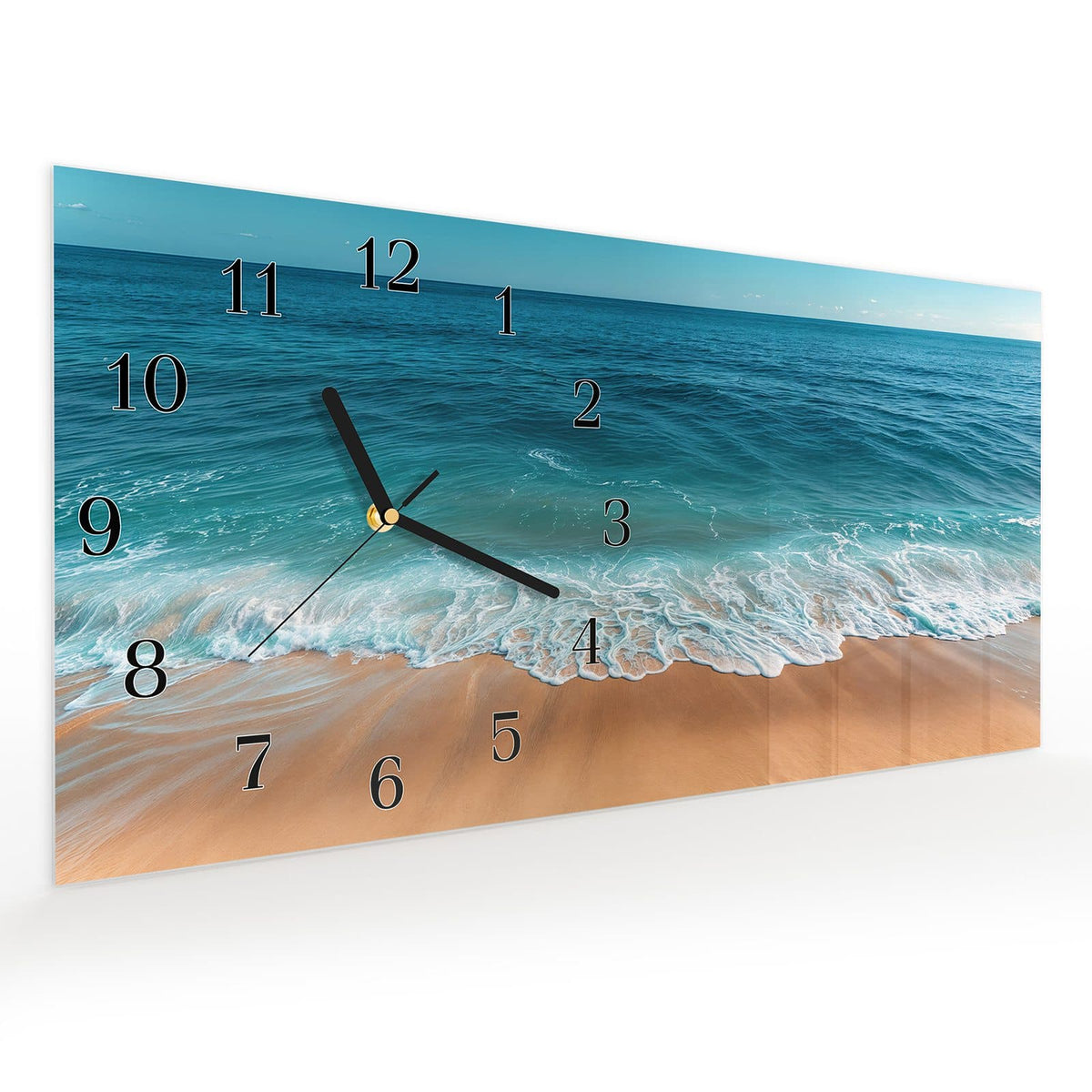 Vormontiert – mit Schwebeeffekt – Wanduhr Sandstrand Wellen aus Glas – Querformat 60 × 30 cm
