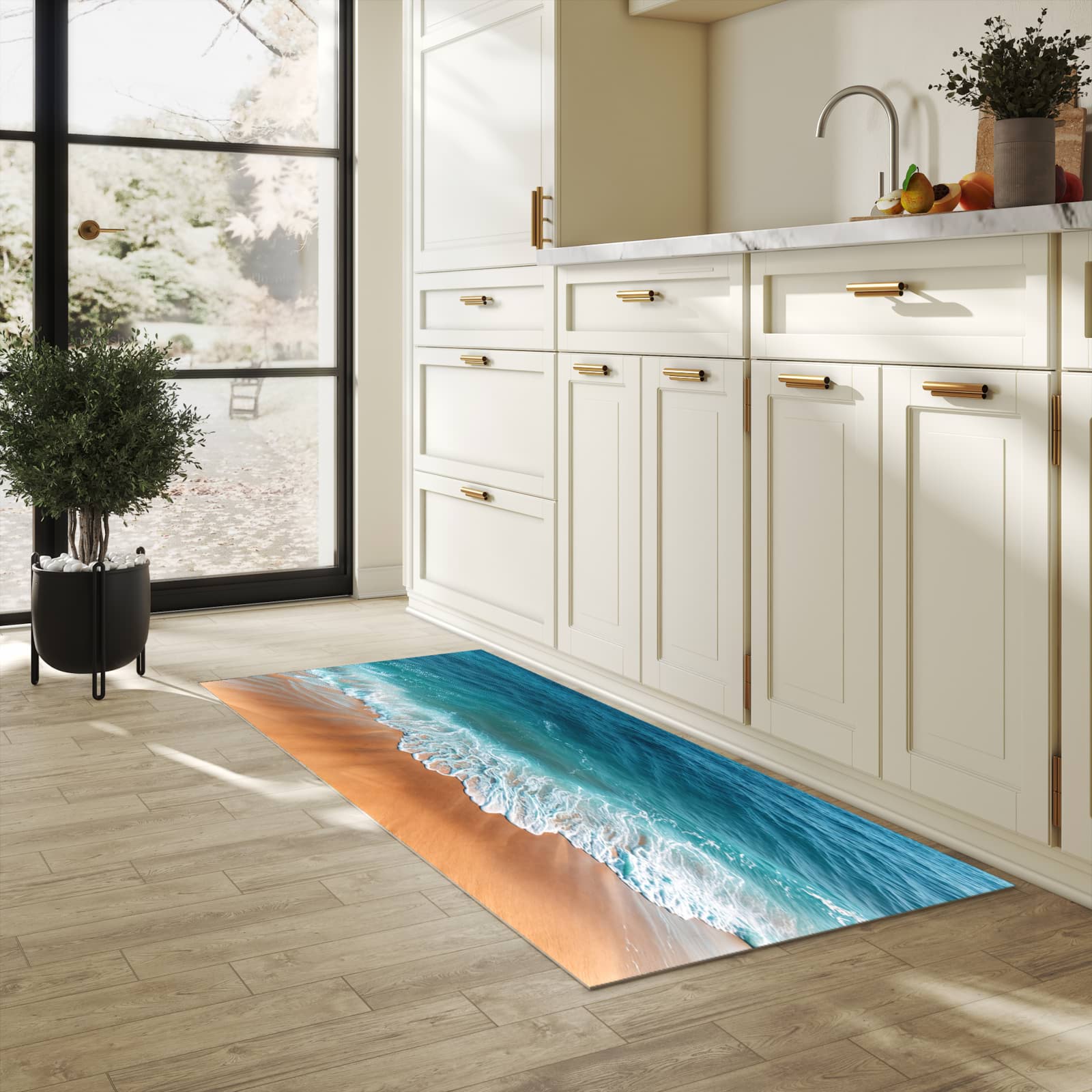 Langlebiger Küchenläufer mit Motiv Sandstrand Wellen in heller Küche