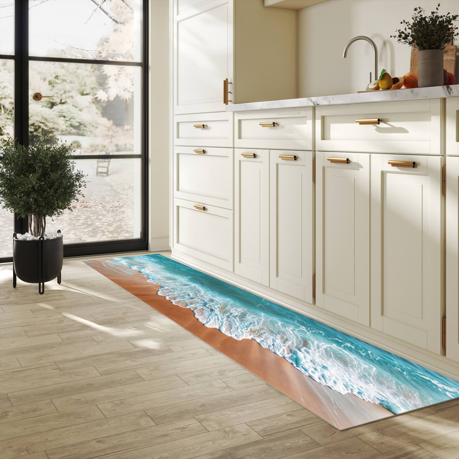 Strapazierfähiger Küchenteppich mit Motiv Sandstrand Wellen in heller Küche
