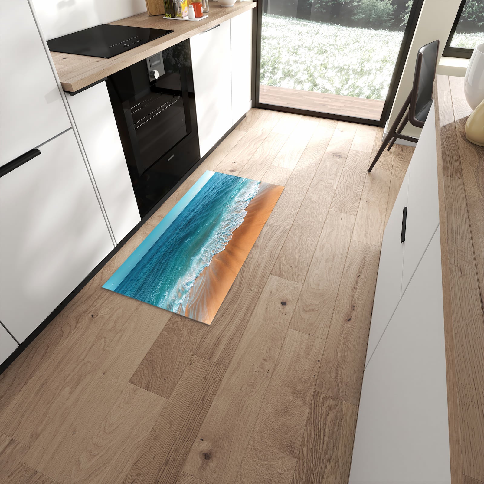 Hygienischer Küchenteppich mit Motiv Sandstrand Wellen in moderner Küche #grösse_60 x 120 cm