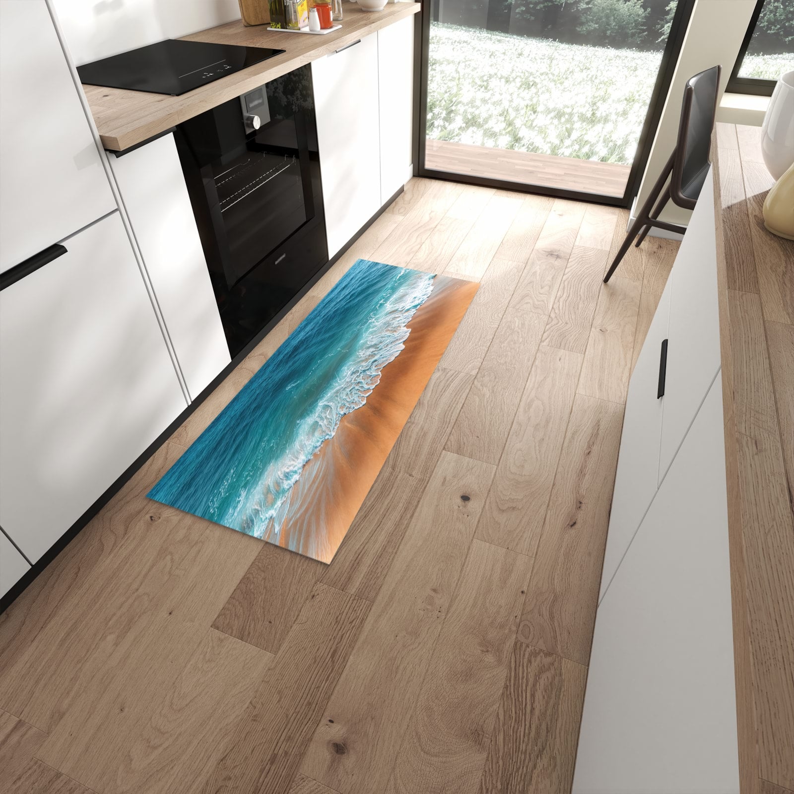 Strapazierfähiger Küchenvorleger mit Motiv Sandstrand Wellen in moderner Küche #grösse_60 x 150 cm