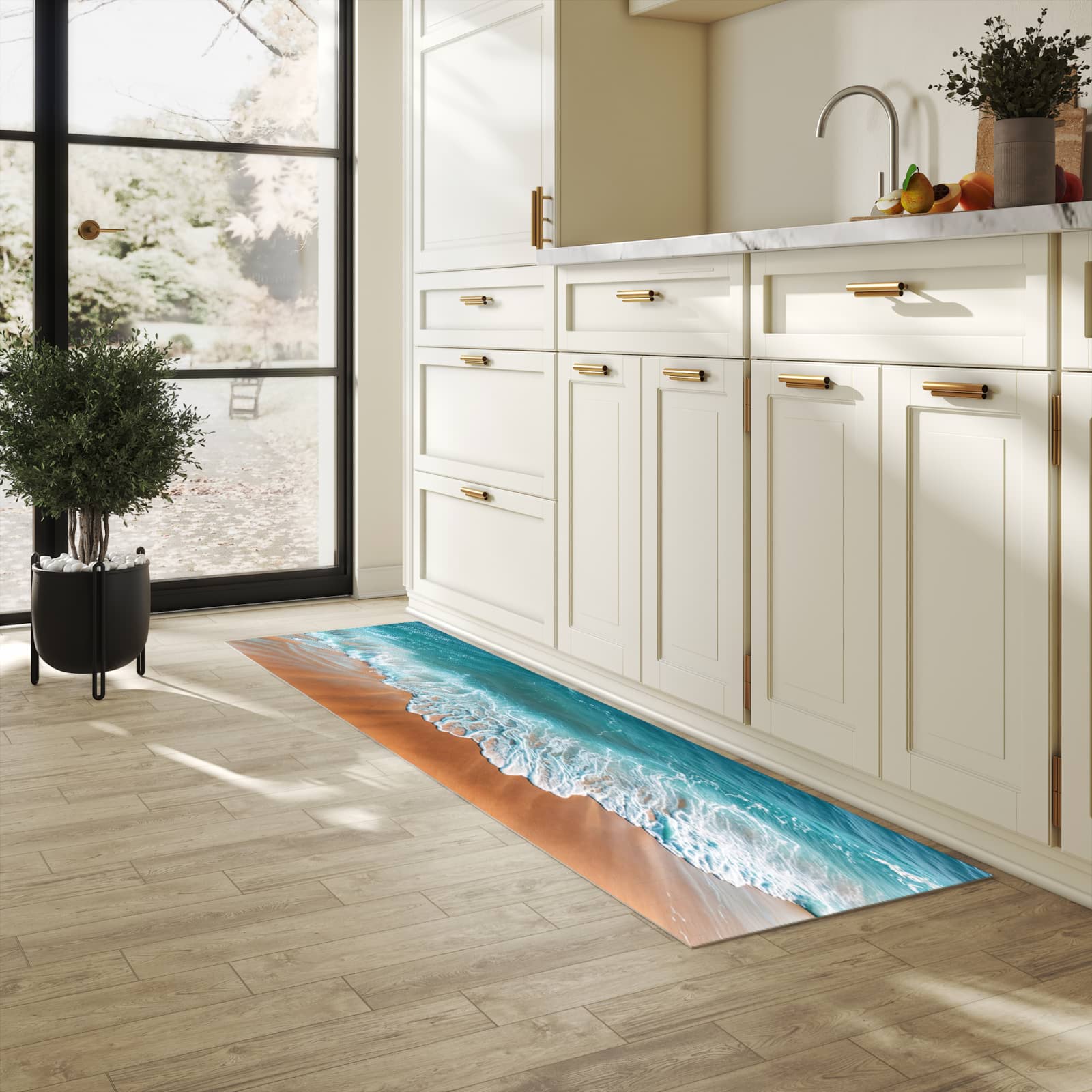 Bodenläufer mit Motiv Sandstrand Wellen für angenehme Haptik in heller Küche