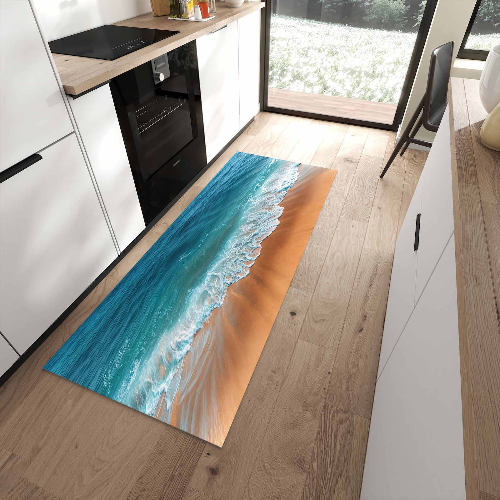 Waschbarer Küchenläufer mit Motiv Sandstrand Wellen für Ordnung in moderner Küche