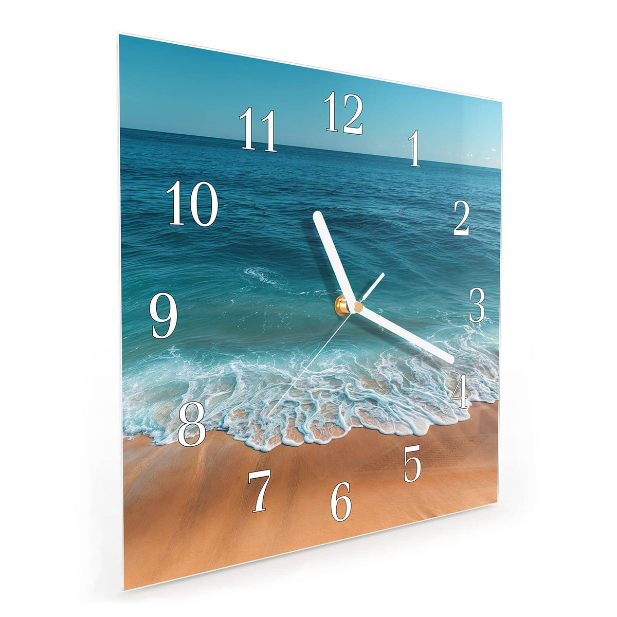 Quadratische Wanduhr aus Glas Azurblaues Meer schräg von der Seite, 4 mm starkes Glas