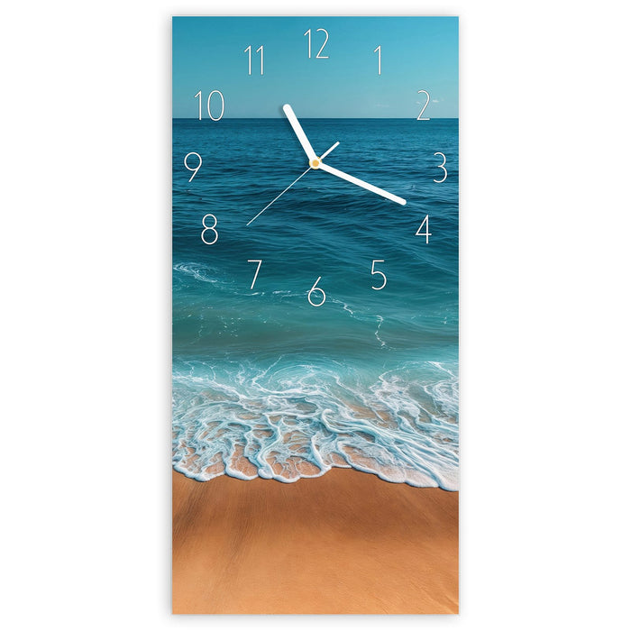 Wanduhr Sandstrand Wellen aus Glas – Hochformat 30 × 60 cm mit Ziffernblatt Elegant