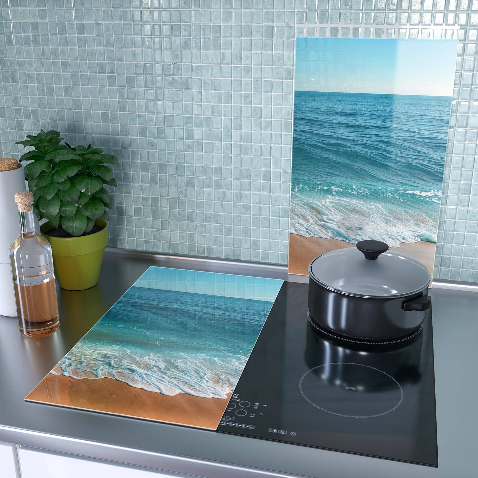 2-teilige Herdabdeckplatten aus Glas mit Sandstrand Wellen-Motiv als Spritzschutz hinter dem Kochfeld