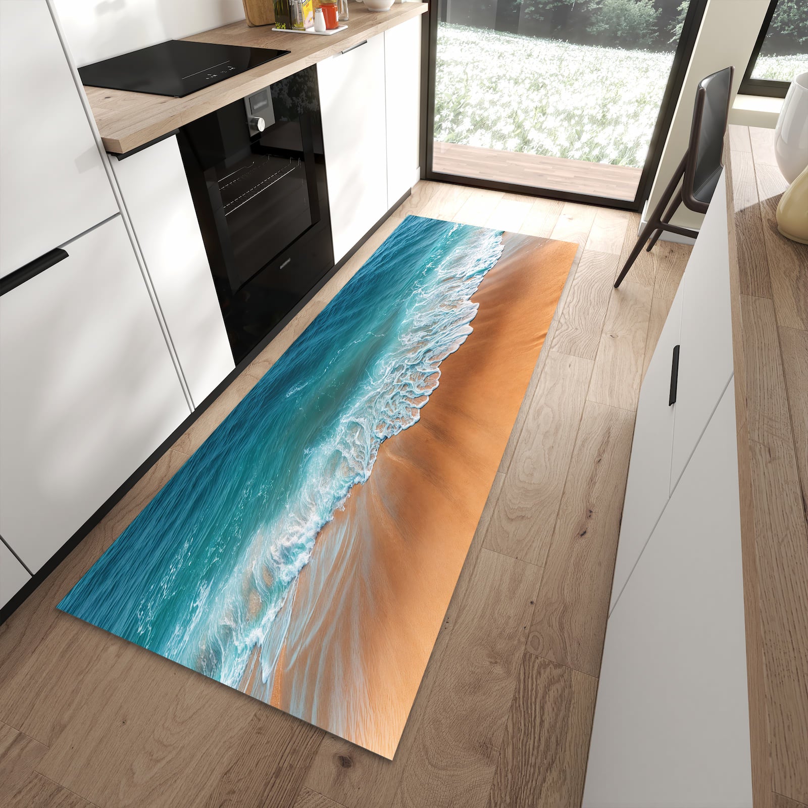 Rutschfester dünner Teppich mit Motiv Sandstrand Wellen spart Zeit in moderner Küche