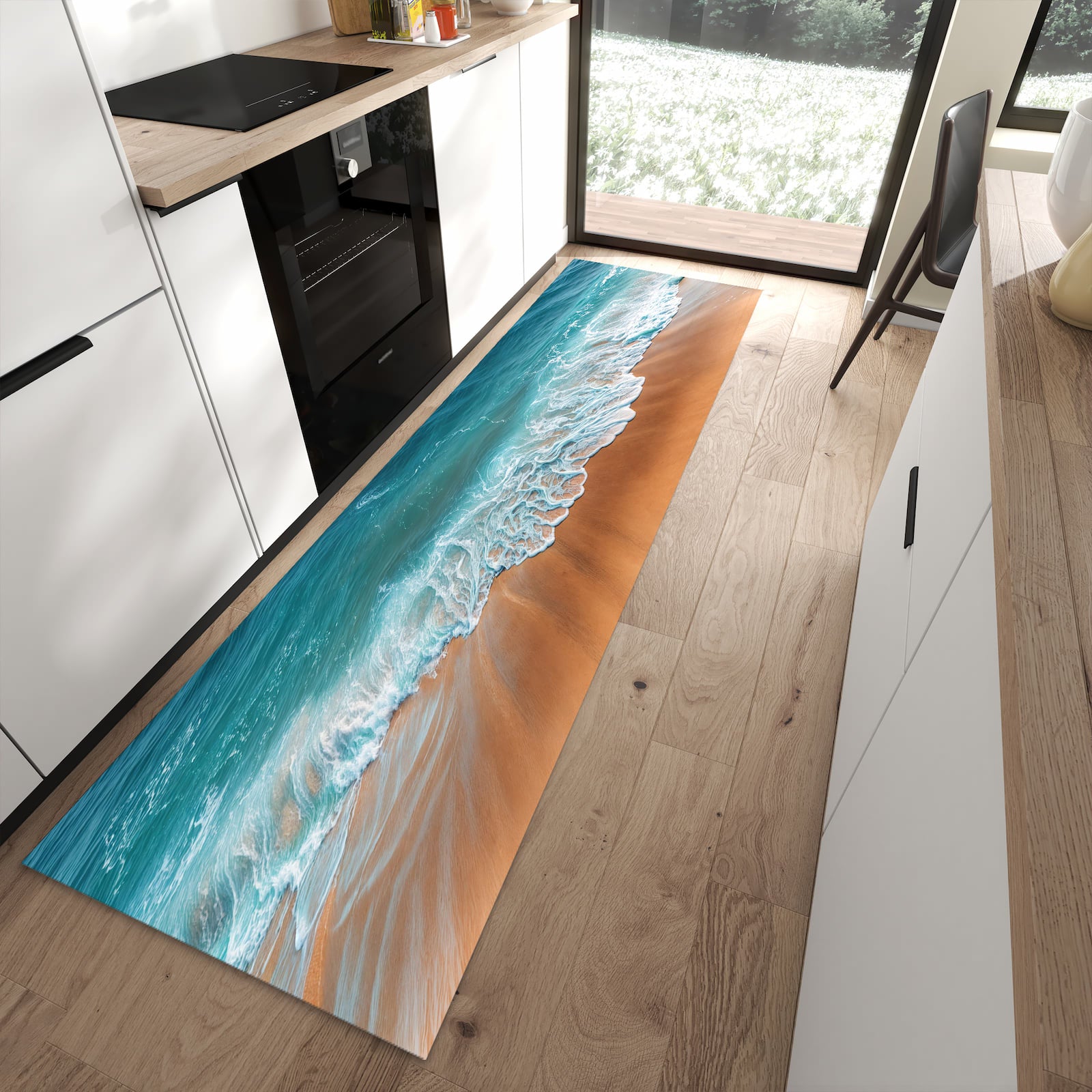 Farbbeständiger Läufer für den Eingangsbereich mit Motiv Sandstrand Wellen in moderner Küche