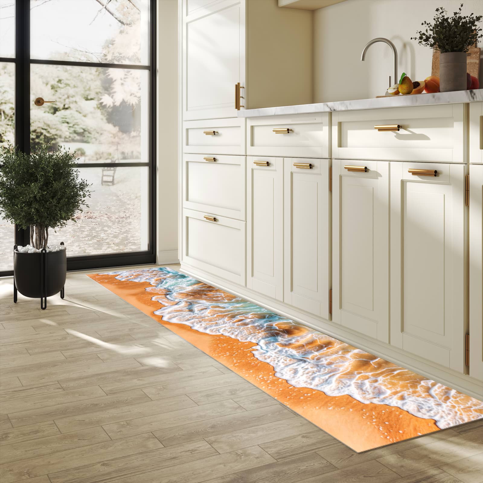 Waschbarer Küchenläufer mit Motiv Sanfte Meereswellen für Trittkomfort in heller Küche