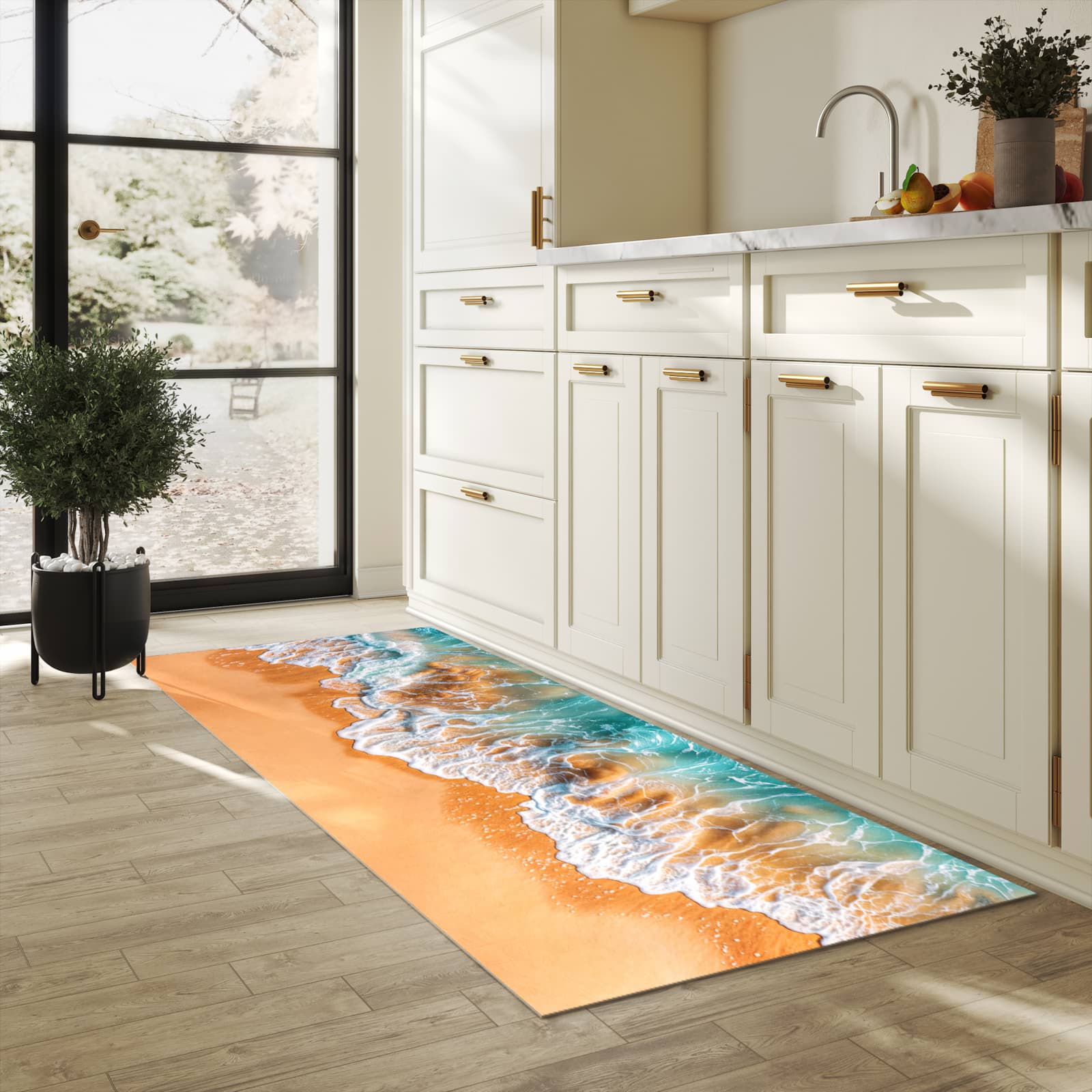 Pflegeleichter dünner Küchenteppich mit Motiv Sanfte Meereswellen in heller Küche