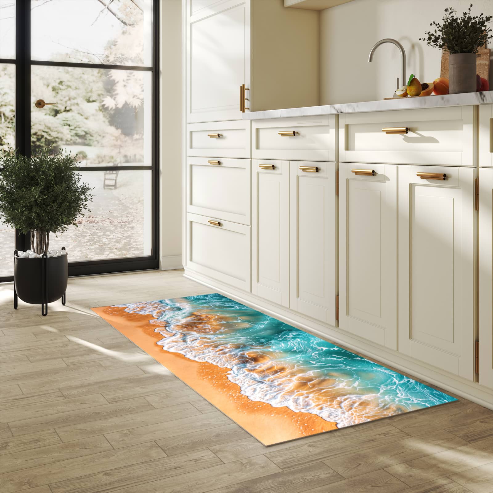 Fleckenresistenter langer Teppich mit Motiv Sanfte Meereswellen in heller Küche