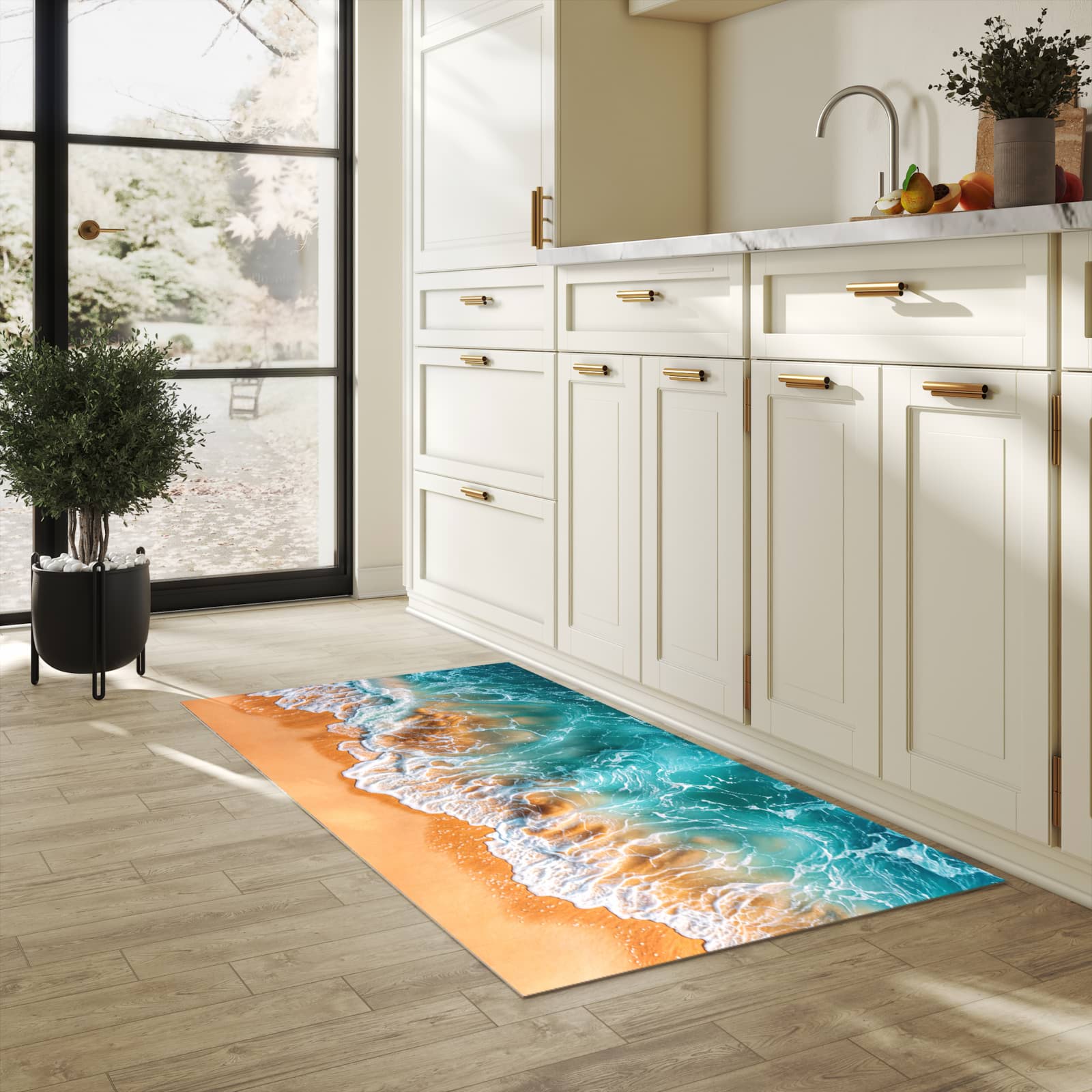 Flacher rutschfester Küchenteppich mit Motiv Sanfte Meereswellen in heller Küche