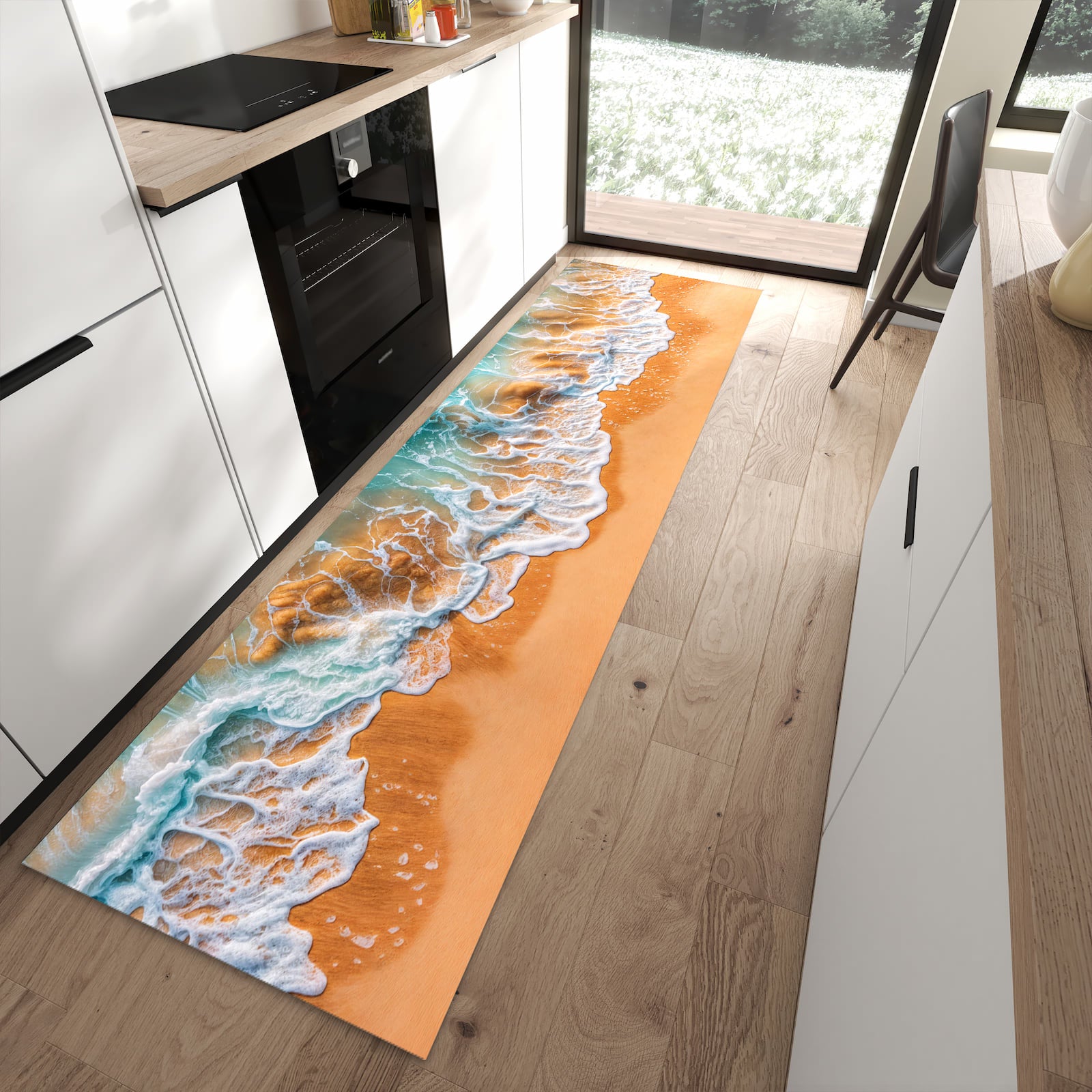 Komfortabler Küchenteppich mit Motiv Sanfte Meereswellen in moderner Küche