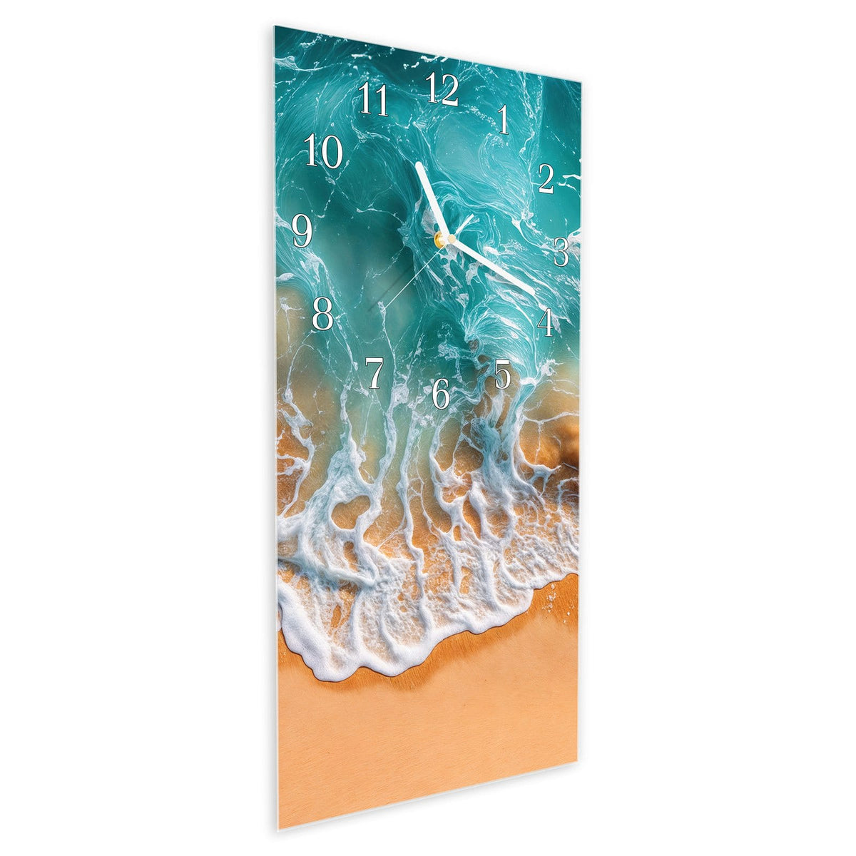 Vormontiert – mit Schwebeeffekt – Wanduhr Sanfte Meereswellen aus Glas – Hochformat 30 × 60 cm