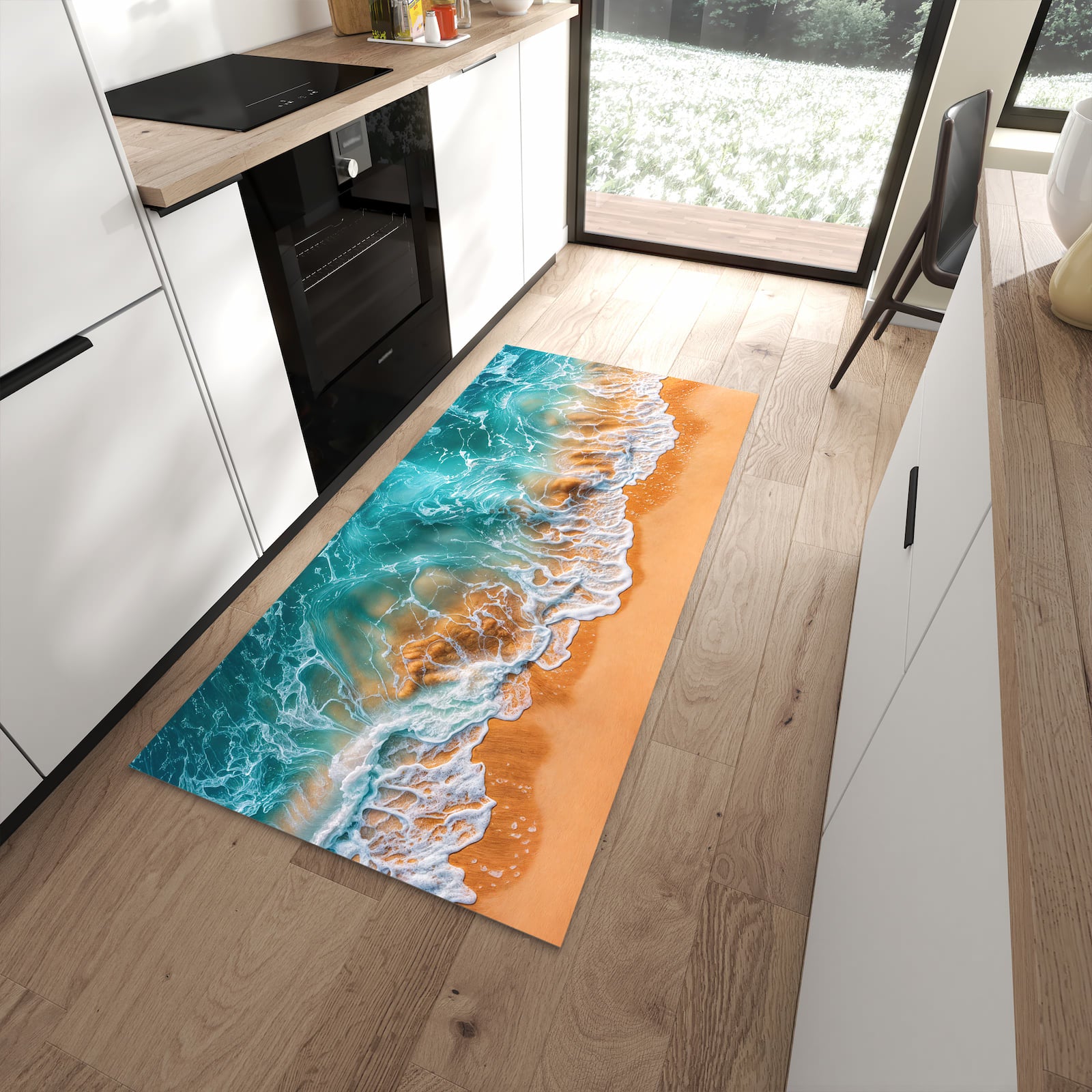 Pflegeleichter Küchenläufer mit Motiv Sanfte Meereswellen in moderner Küche