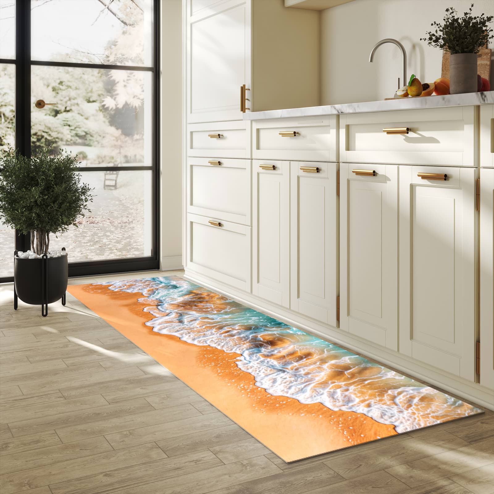 Geruchsneutraler rutschfester Läufer mit Motiv Sanfte Meereswellen in heller Küche