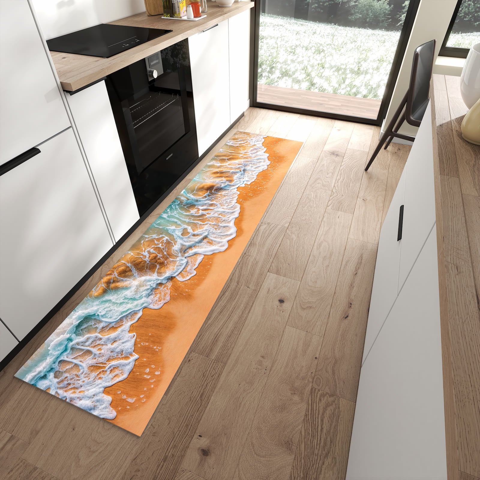 Fleckenresistenter Küchenteppich mit Motiv Sanfte Meereswellen in moderner Küche