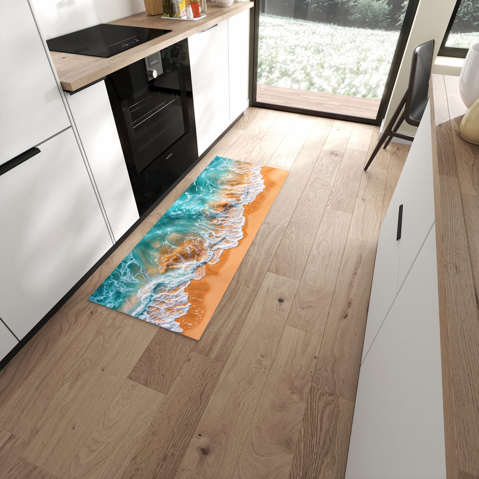 Komfortabler Küchenteppich mit Motiv Sanfte Meereswellen in moderner Küche - abwaschbar #grösse_60 x 150 cm