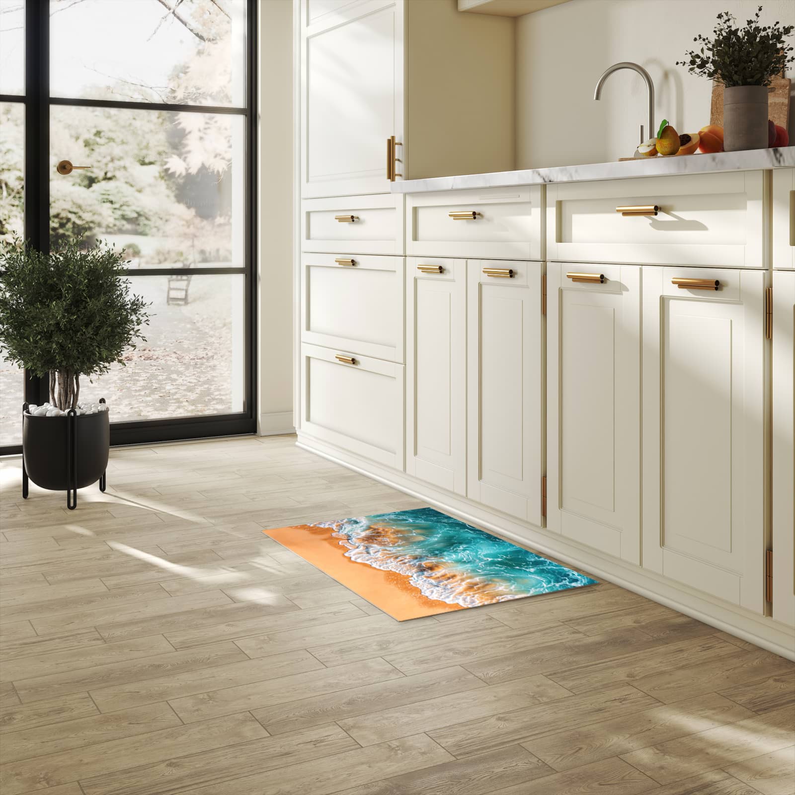 Wasserabweisender Küchenläufer mit Motiv Sanfte Meereswellen in heller Küche