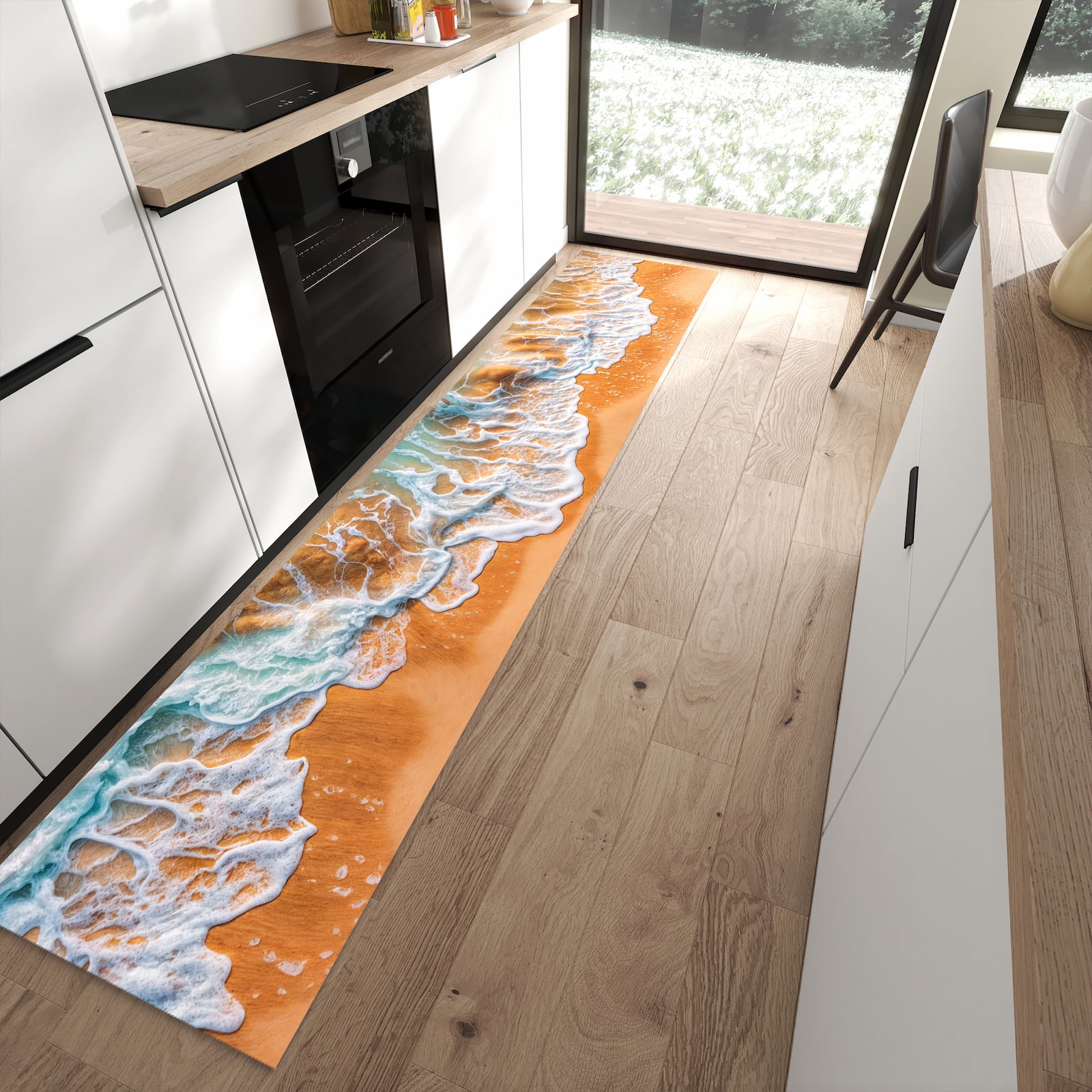 Geruchsneutraler Küchenteppich mit Motiv Sanfte Meereswellen in moderner Küche