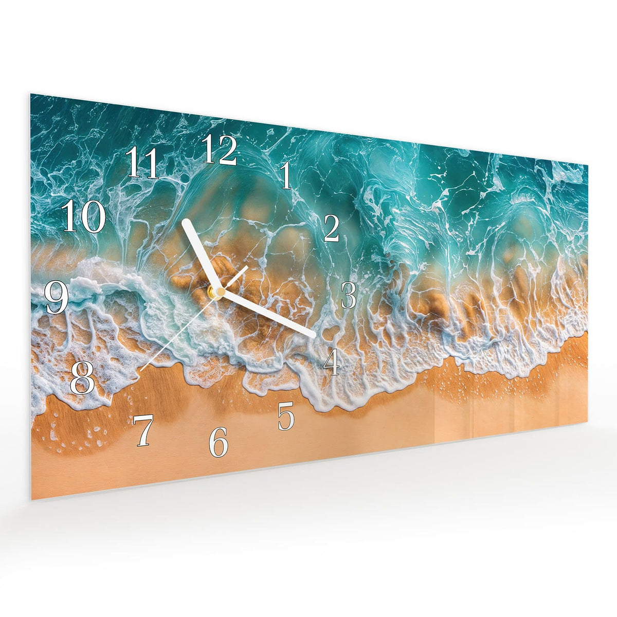 Vormontiert – mit Schwebeeffekt – Wanduhr Sanfte Meereswellen aus Glas – Querformat 60 × 30 cm