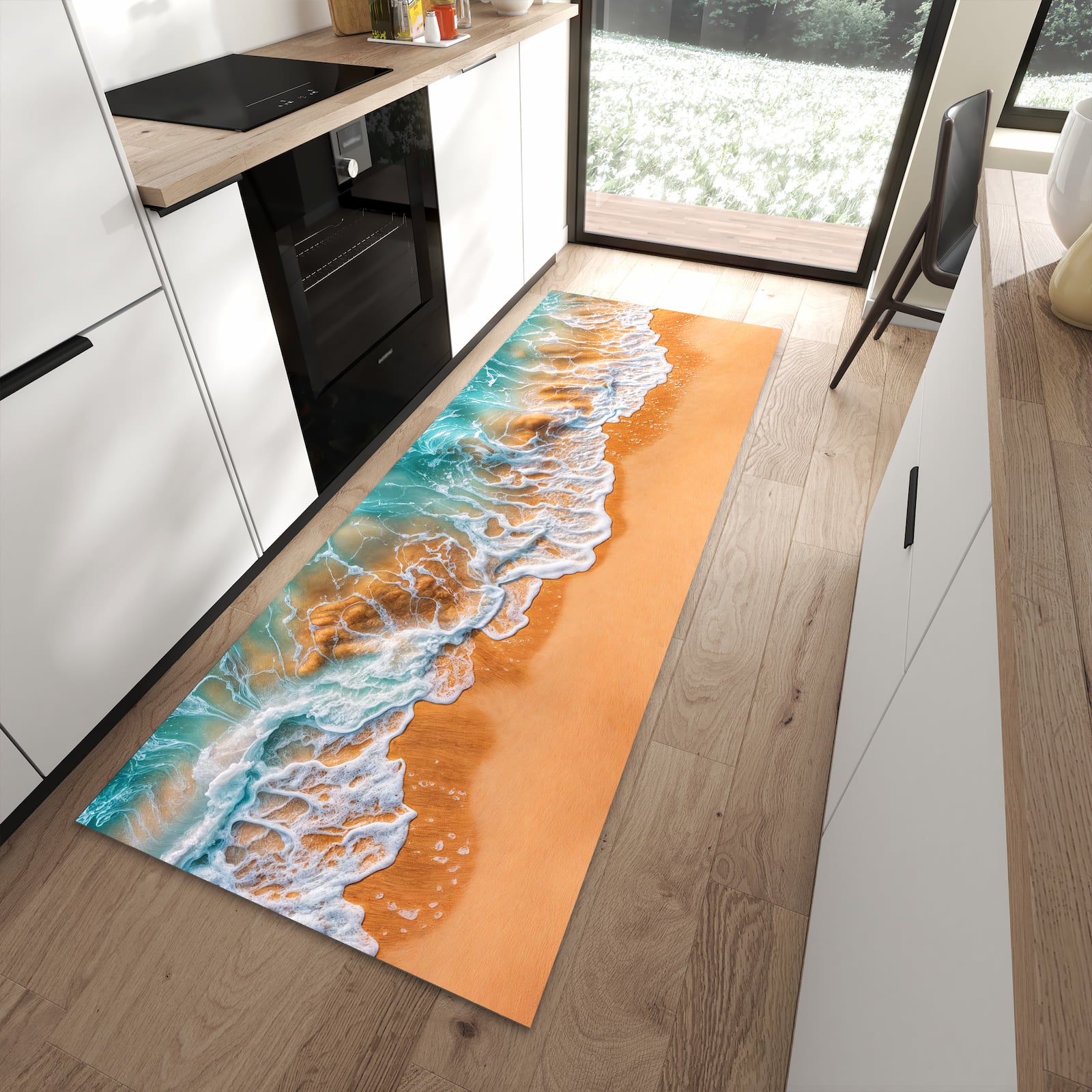 Küchenteppich mit Motiv Sanfte Meereswellen für angenehme Haptik in moderner Küche