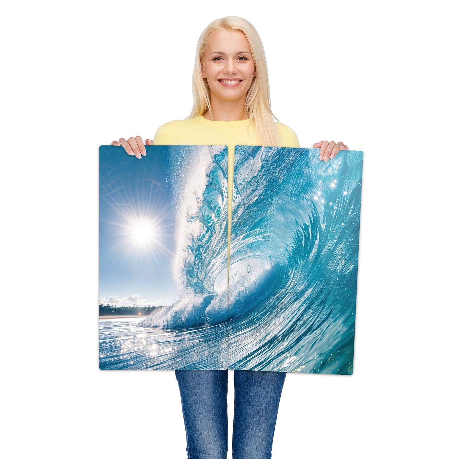 2-teilige Abdeckplatten mit Riesige Welle Strand-Motiv werden zur Größendarstellung gehalten
