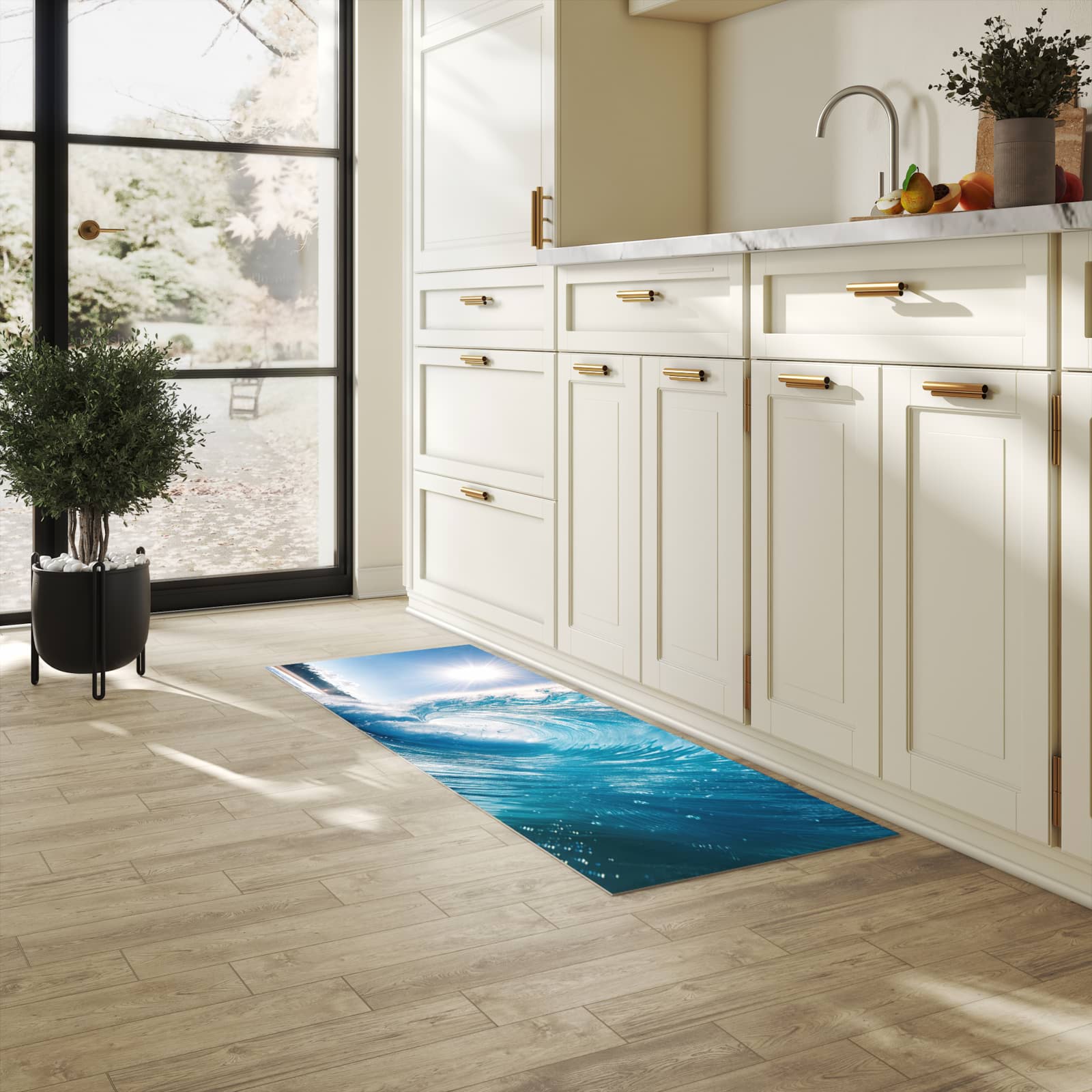 Hygienischer Küchenteppich mit Motiv Riesige Welle Strand in heller Küche