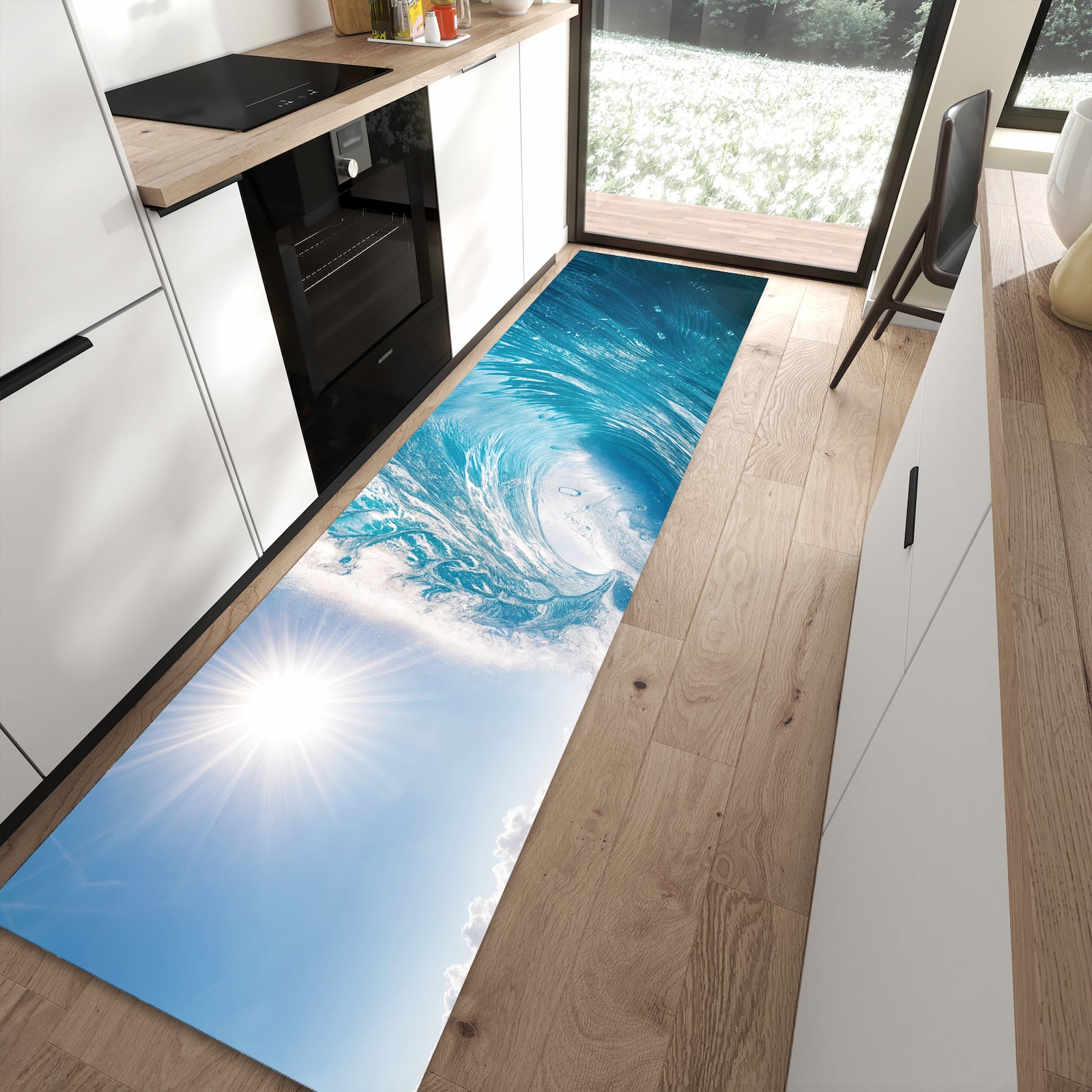 Zeitsparender Küchenläufer nach Maß mit Motiv Riesige Welle Strand in moderner Küche