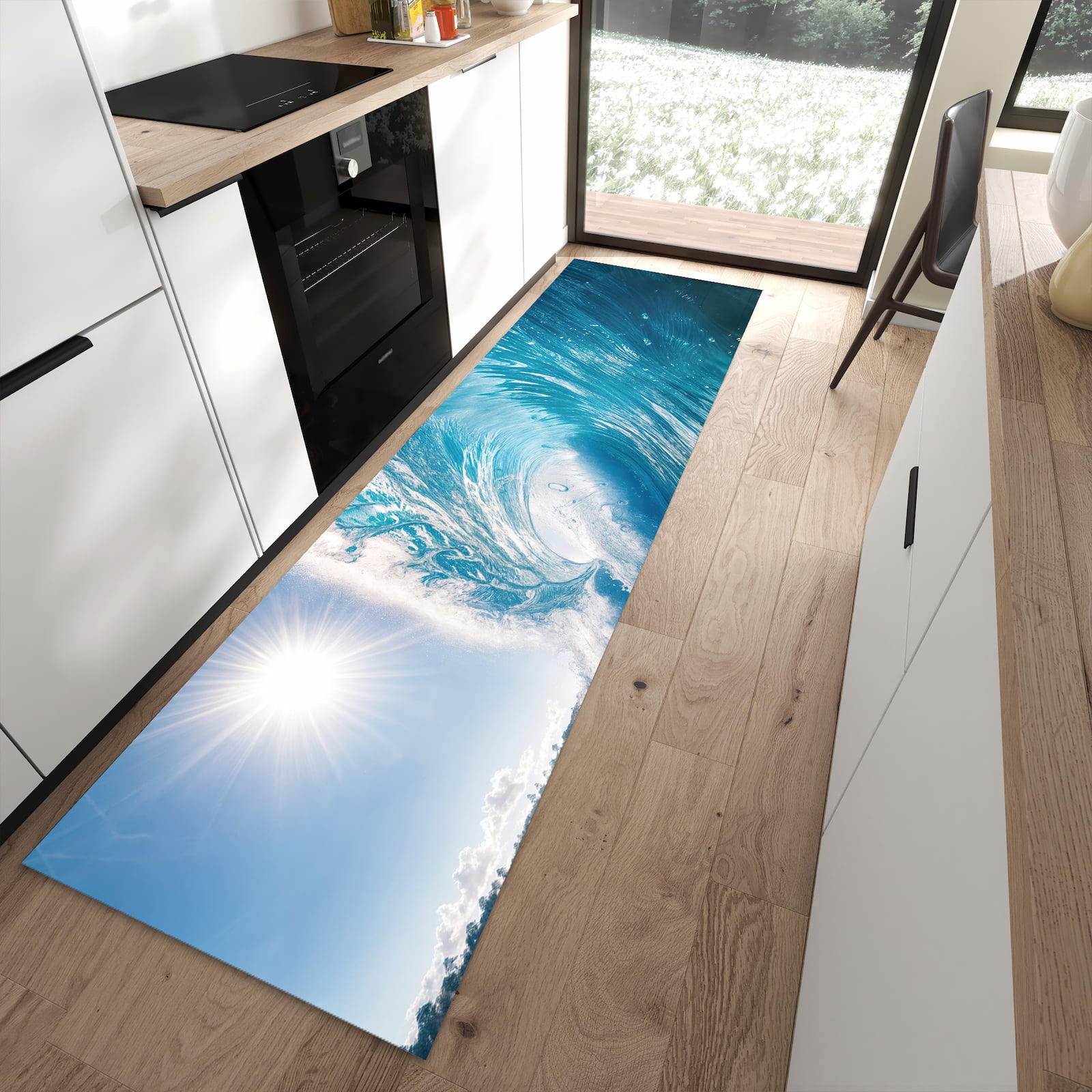 Sicherer Küchenläufer mit Motiv Riesige Welle Strand in moderner Küche