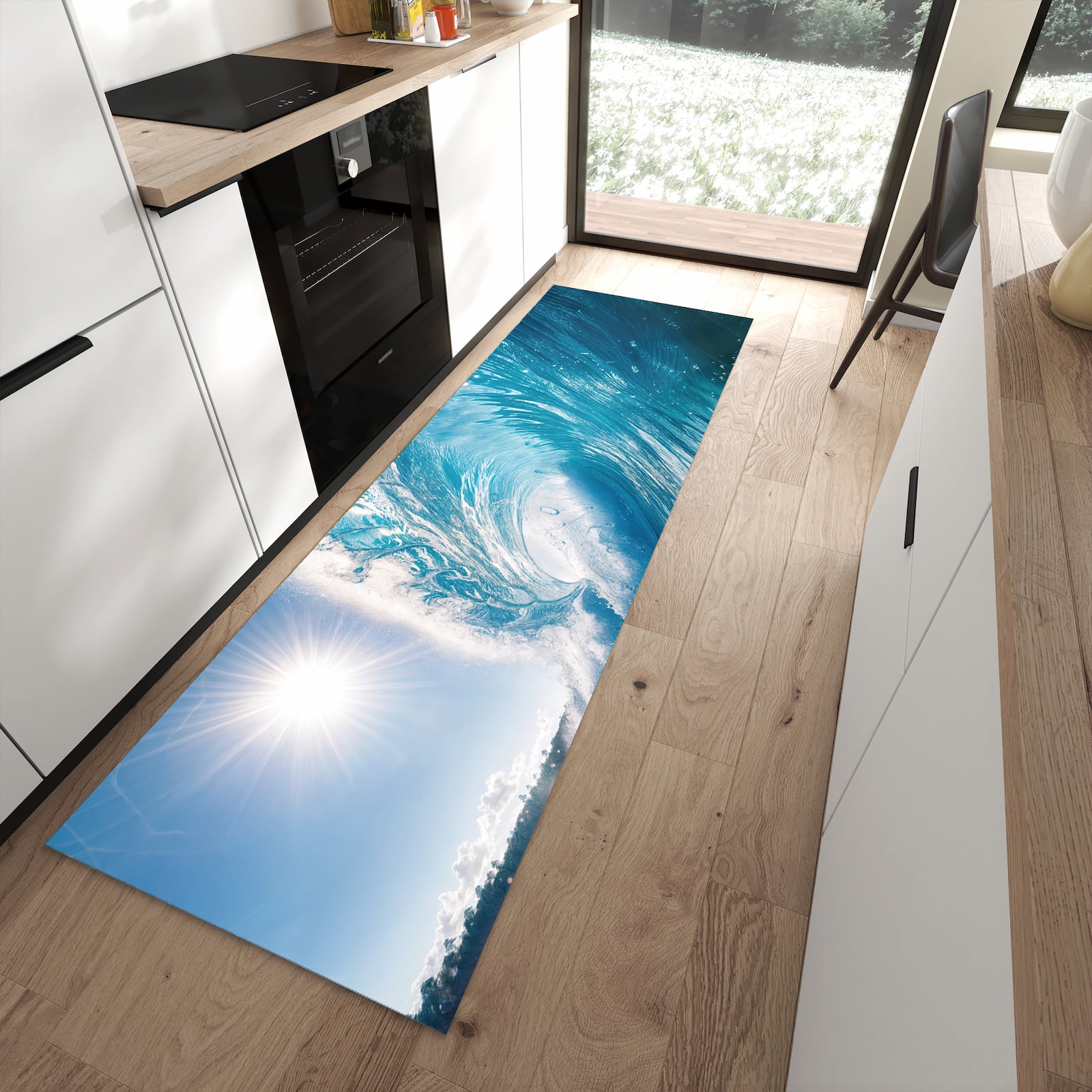 Formstabiler rutschfester Küchenläufer mit Motiv Riesige Welle Strand in moderner Küche
