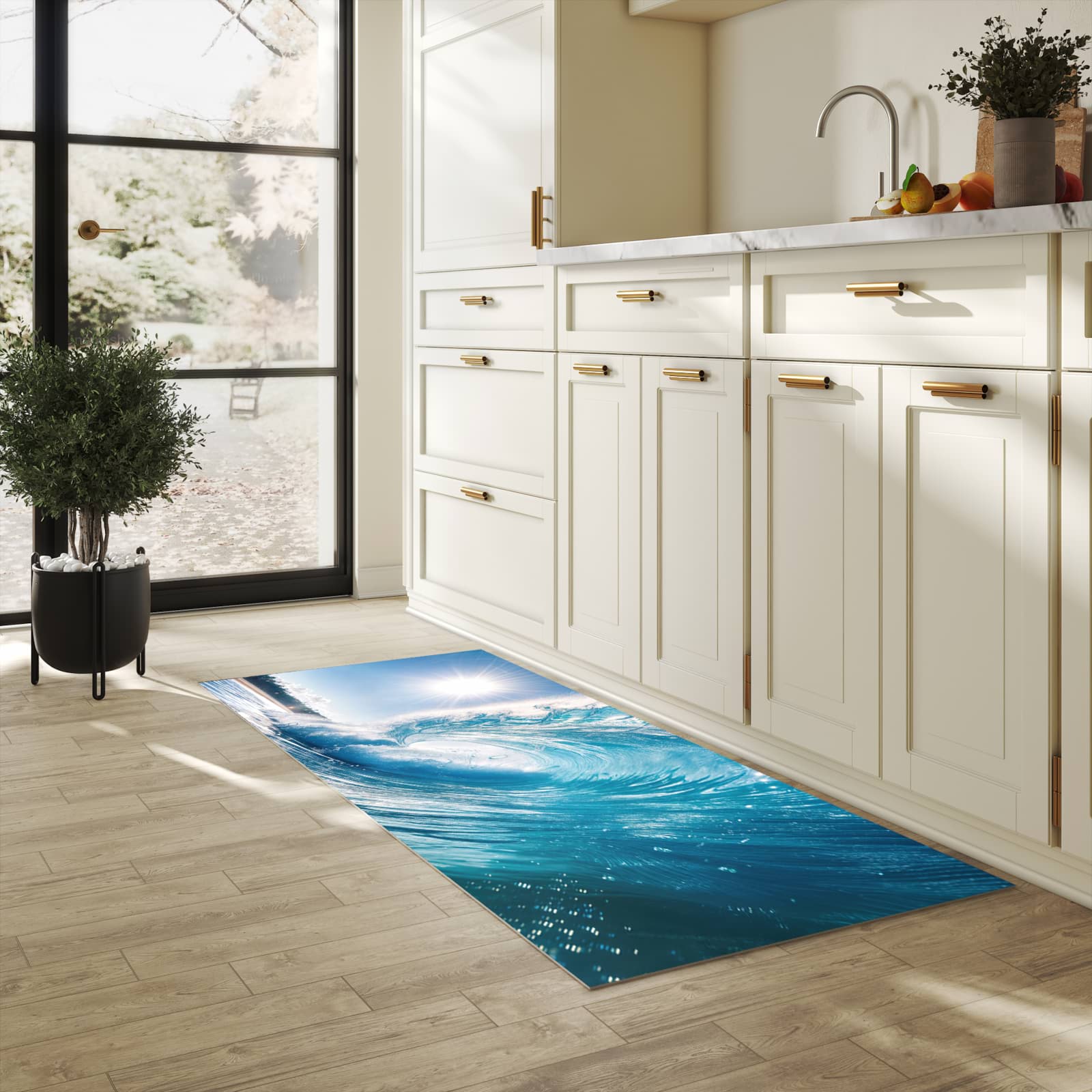 Feuchtigkeitsresistenter Küchenteppich mit Motiv Riesige Welle Strand in heller Küche