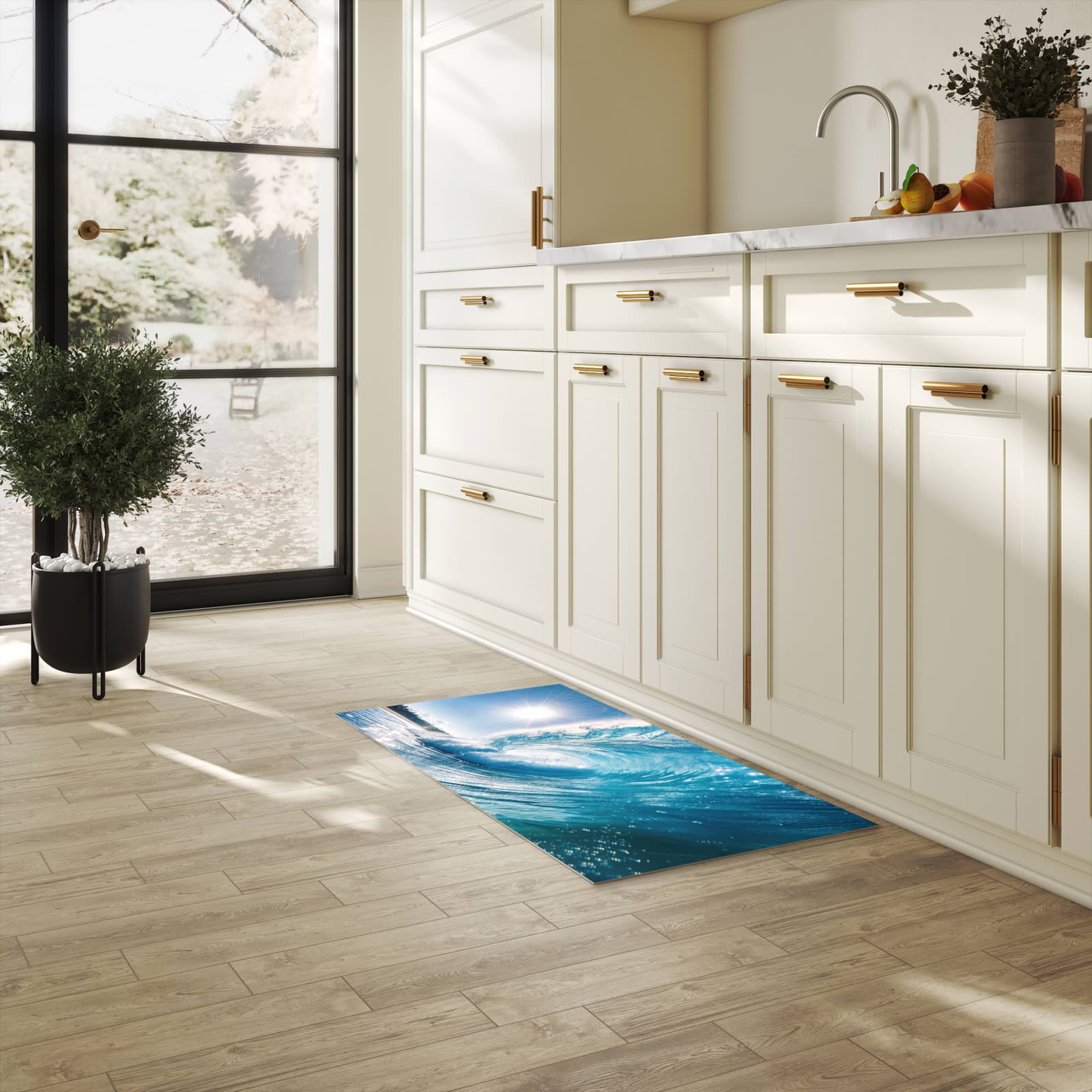 Abwaschbarer Küchenteppich mit Motiv Riesige Welle Strand in heller Küche