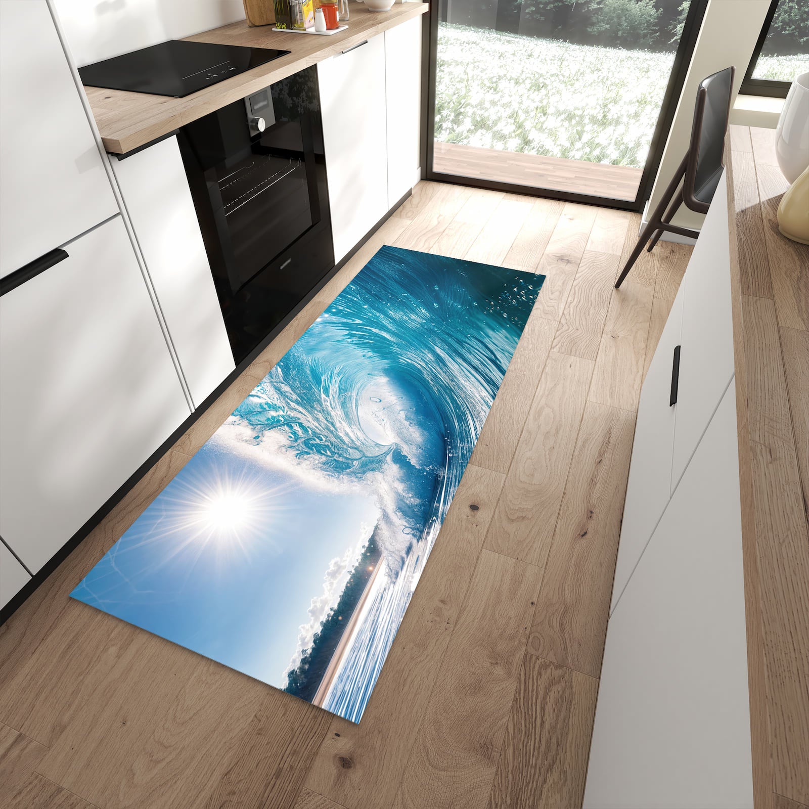 Farbbeständiger waschbarer Küchenläufer mit Motiv Riesige Welle Strand in moderner Küche