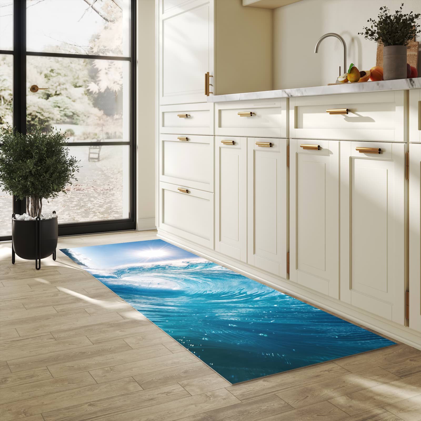 Bodenschonender Küchenteppich mit Motiv Riesige Welle Strand in heller Küche