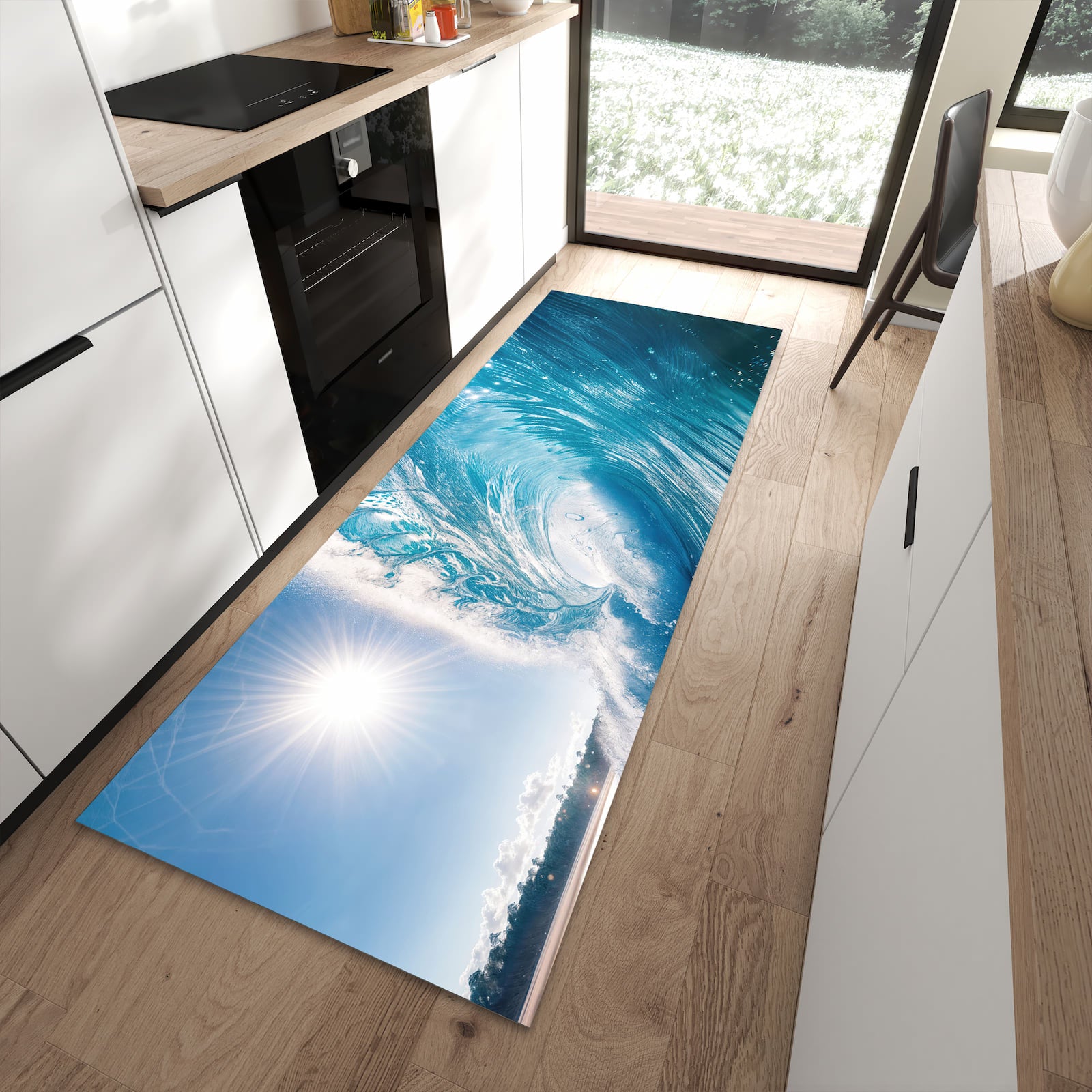 Abriebfester moderner Küchenläufer mit Motiv Riesige Welle Strand in moderner Küche