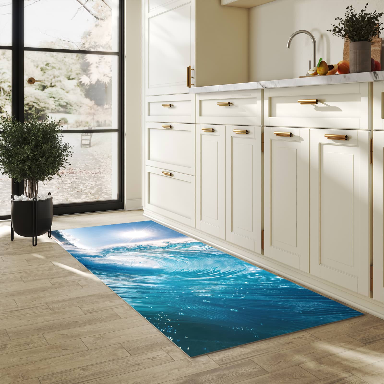 Formstabiler Küchenläufer mit Motiv Riesige Welle Strand in heller Küche