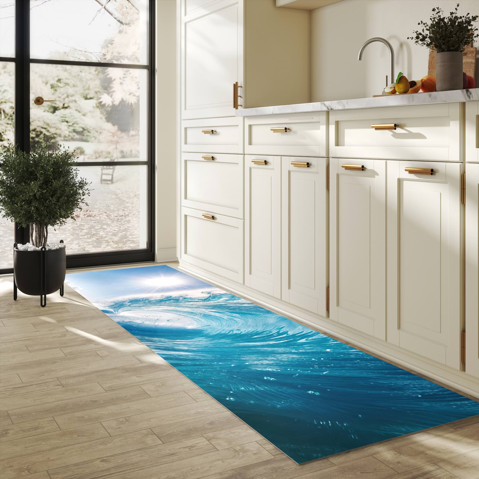 Bodenschonender Läufer für die Küche mit Motiv Riesige Welle Strand in heller Küche