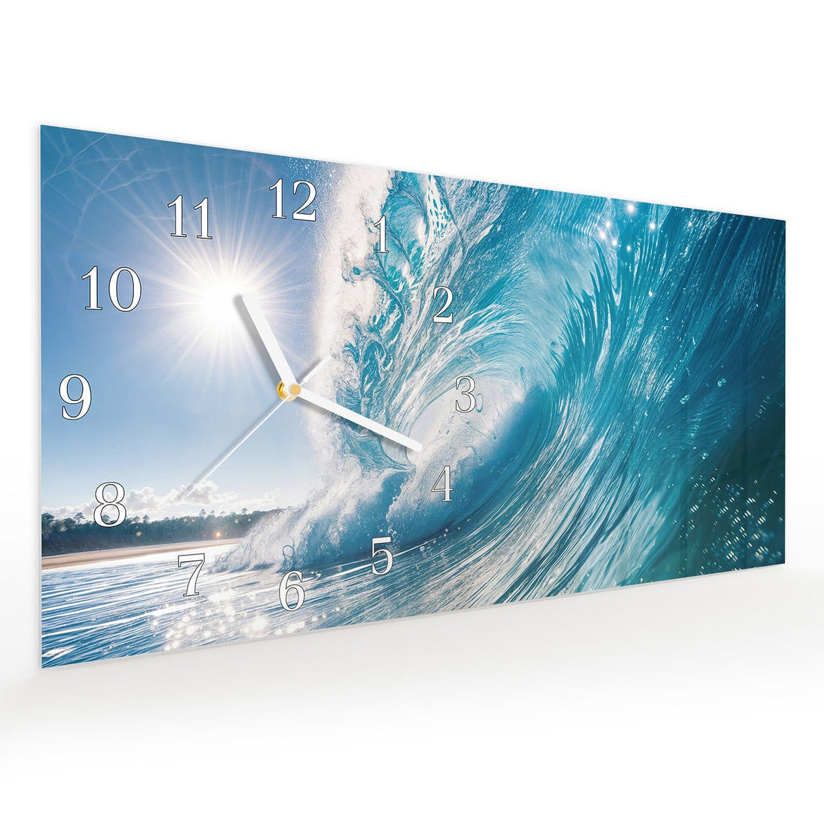Vormontiert – mit Schwebeeffekt – Wanduhr Riesige Welle Strand aus Glas – Querformat 60 × 30 cm