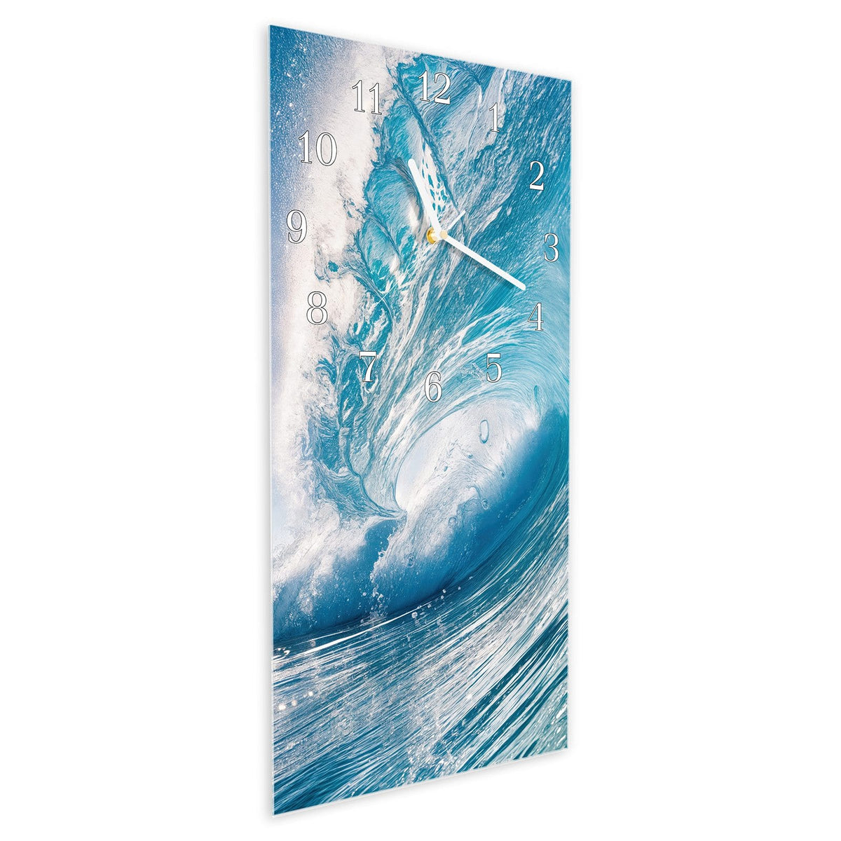 Vormontiert – mit Schwebeeffekt – Wanduhr Riesige Welle Strand aus Glas – Hochformat 30 × 60 cm