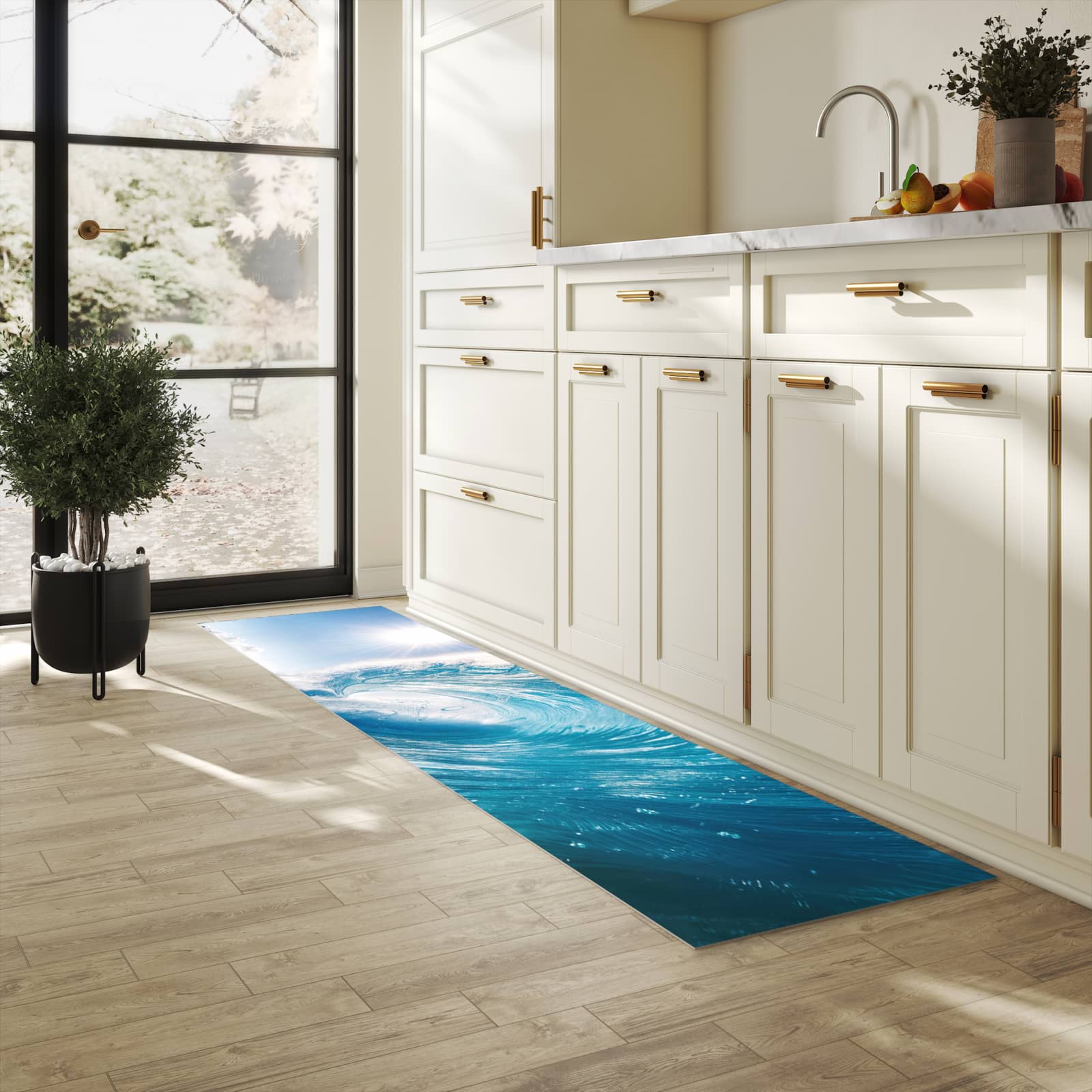 Waschbarer Küchenteppich mit Motiv Riesige Welle Strand in heller Küche