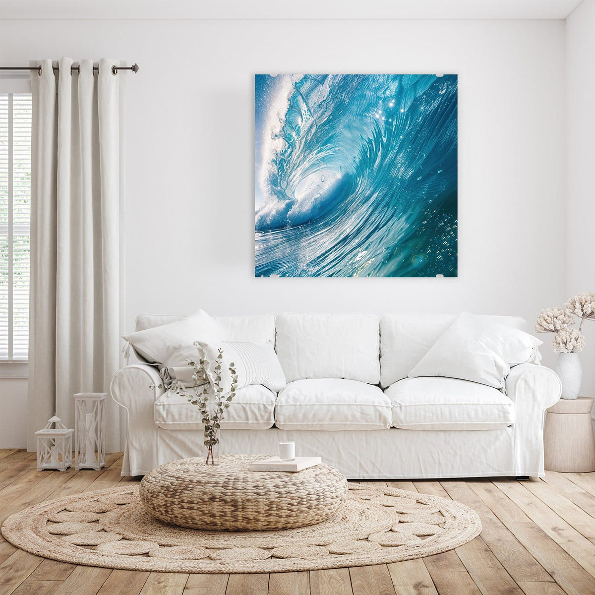 Glasbild Blaue Welle mit Gischt an der Wand – Große blaue Welle mit gekrümmter Tube und weißer Gischt in Nahaufnahme
