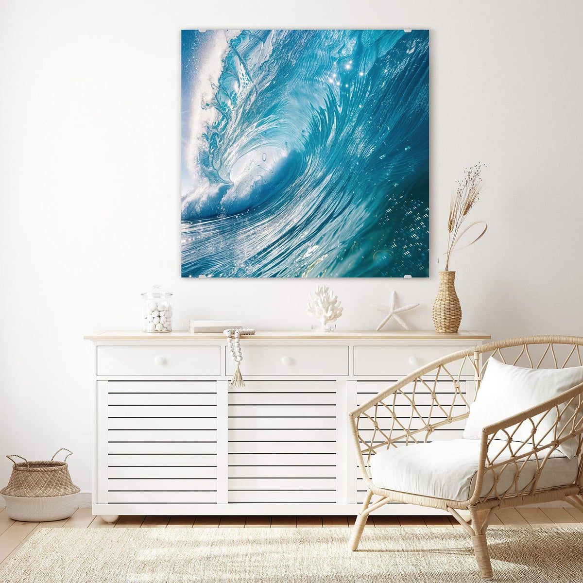 Echtglas, 4 mm – kein Acryl, keine Folie – Wandbild - Blaue Welle mit Gischt - Quadratisch